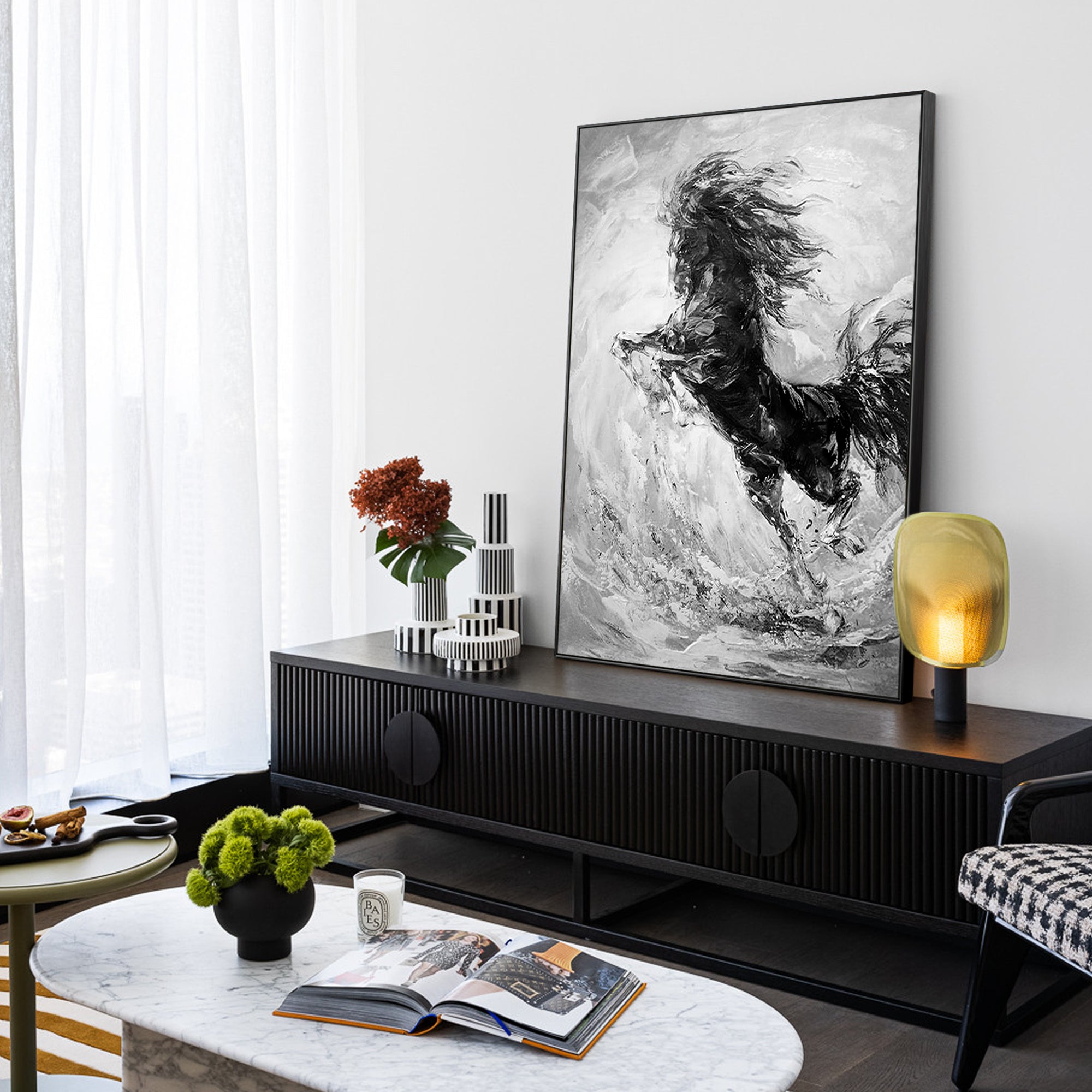 Large black horse for modern room decor