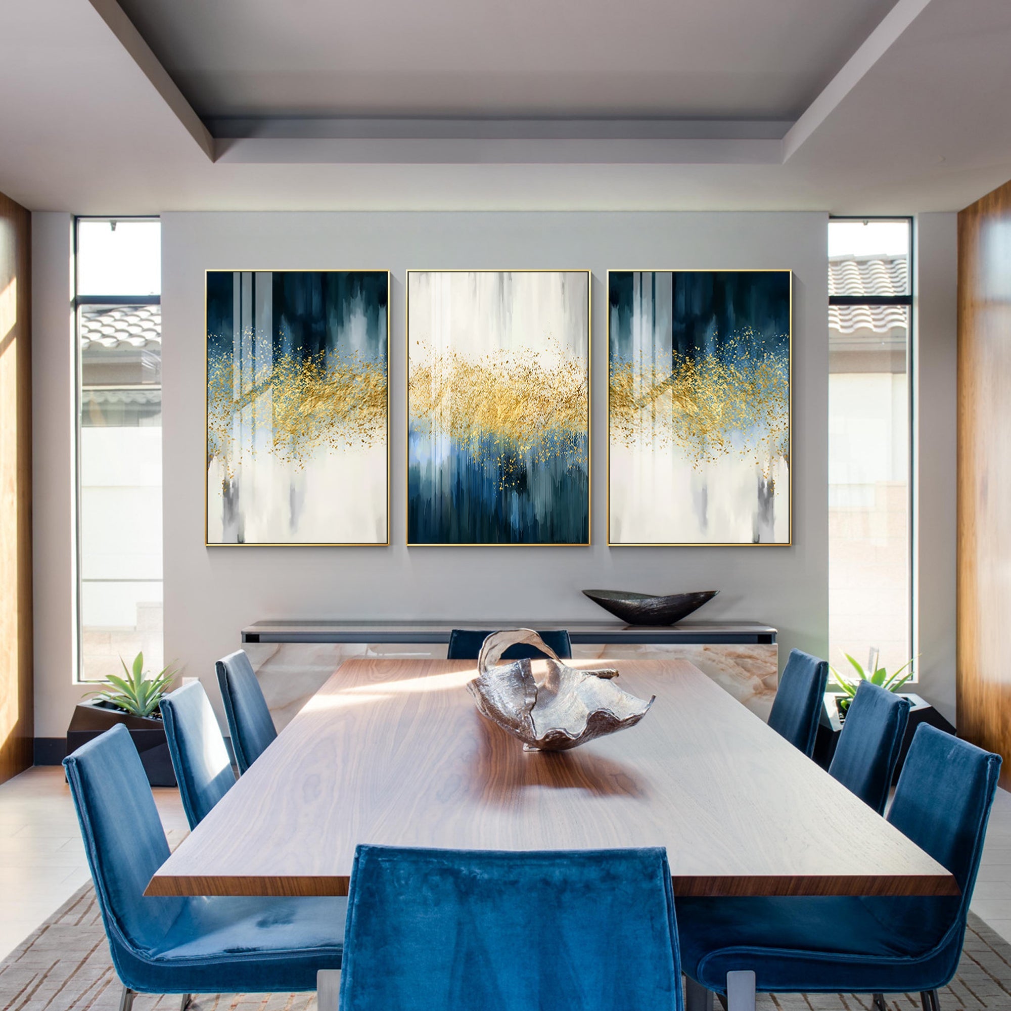 Set van 3 blauwe bladgouden kunst #YMA0111