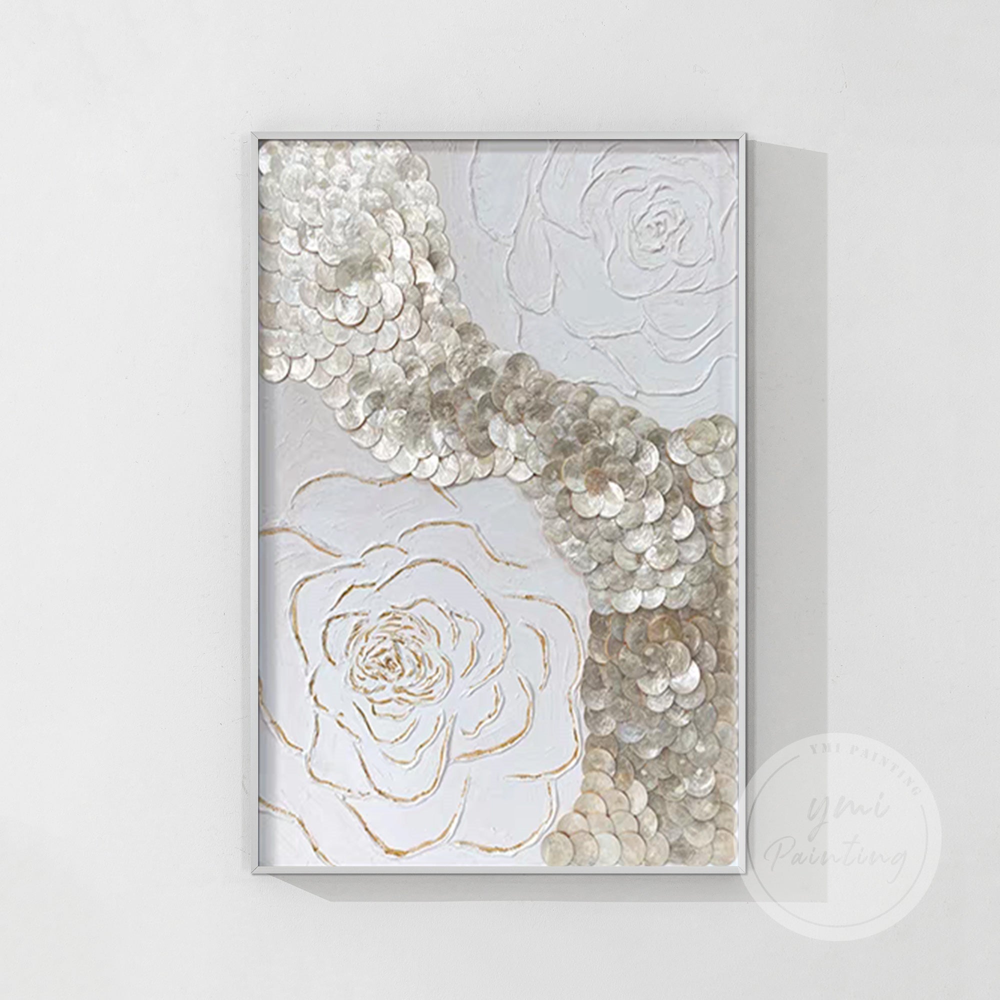 Stunning 3D shell art featuring a floral design made of delicate capiz shells