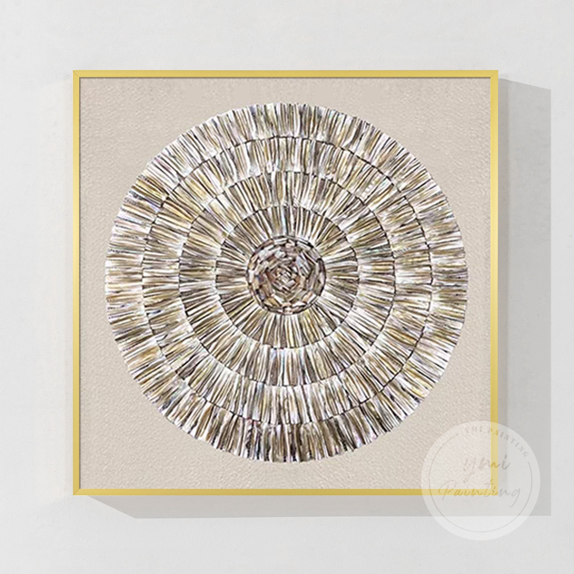 Abstract Natural Shell Art combining minimalist texture with shimmering golden accents and real sea elements.