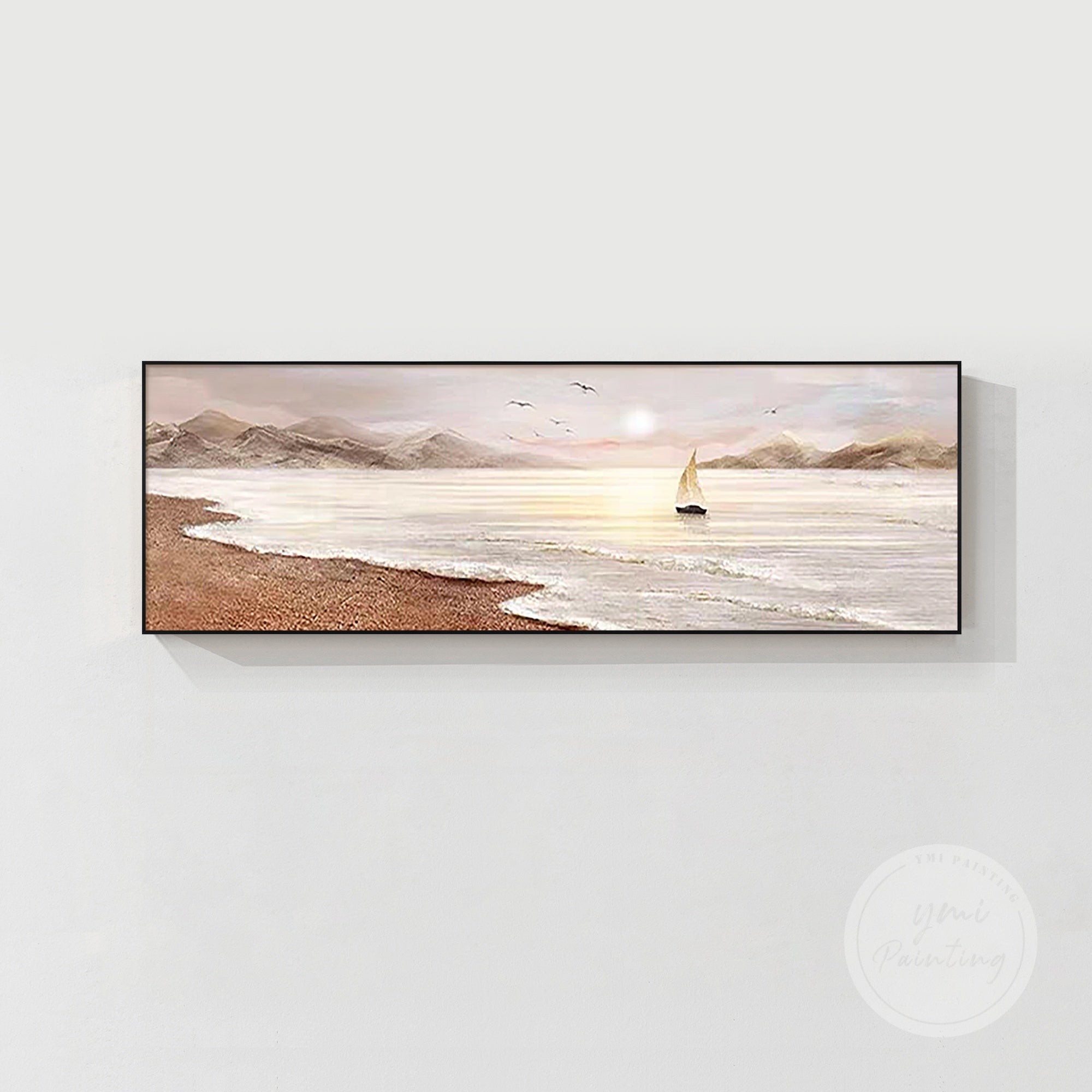 Luxury framed blush-toned seascape painting, ideal wedding gift or for couples, perfect centerpiece above fireplaces or in master bedrooms.