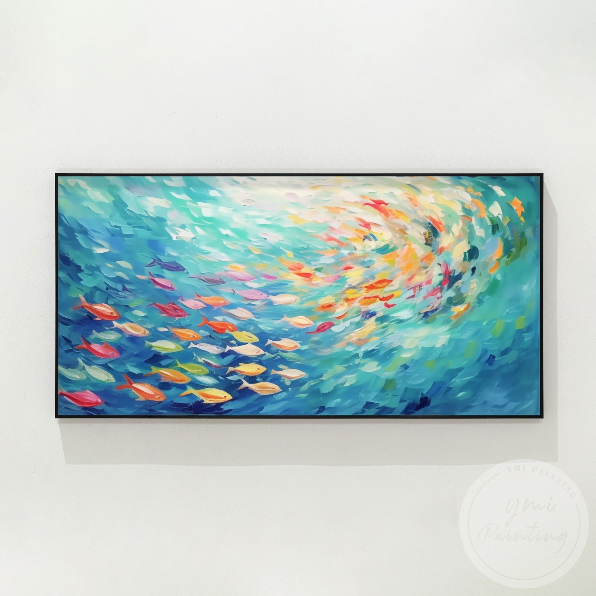 Textured blue ocean painting school of fish wall decoration