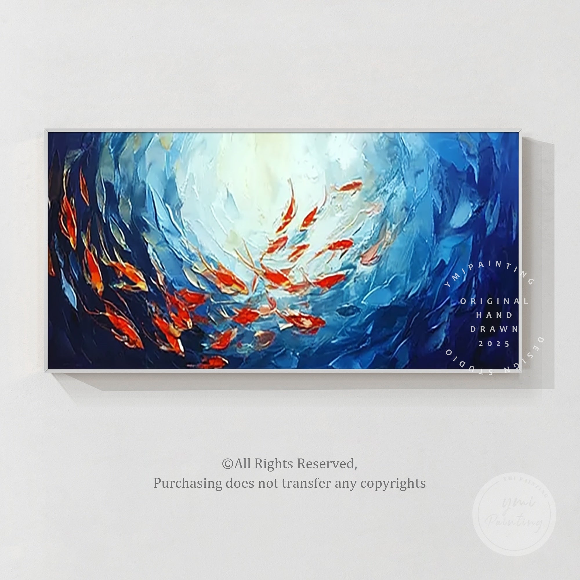 Hand-painted ocean scene featuring a school of red fish swimming through navy blue waters.