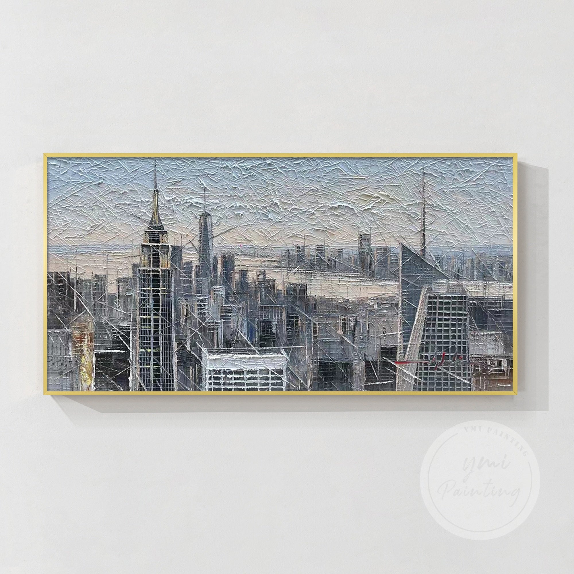 36x48 large NYC wall art featuring an abstract skyline in oil, with deep textures and vivid color contrasts for a dramatic effect.