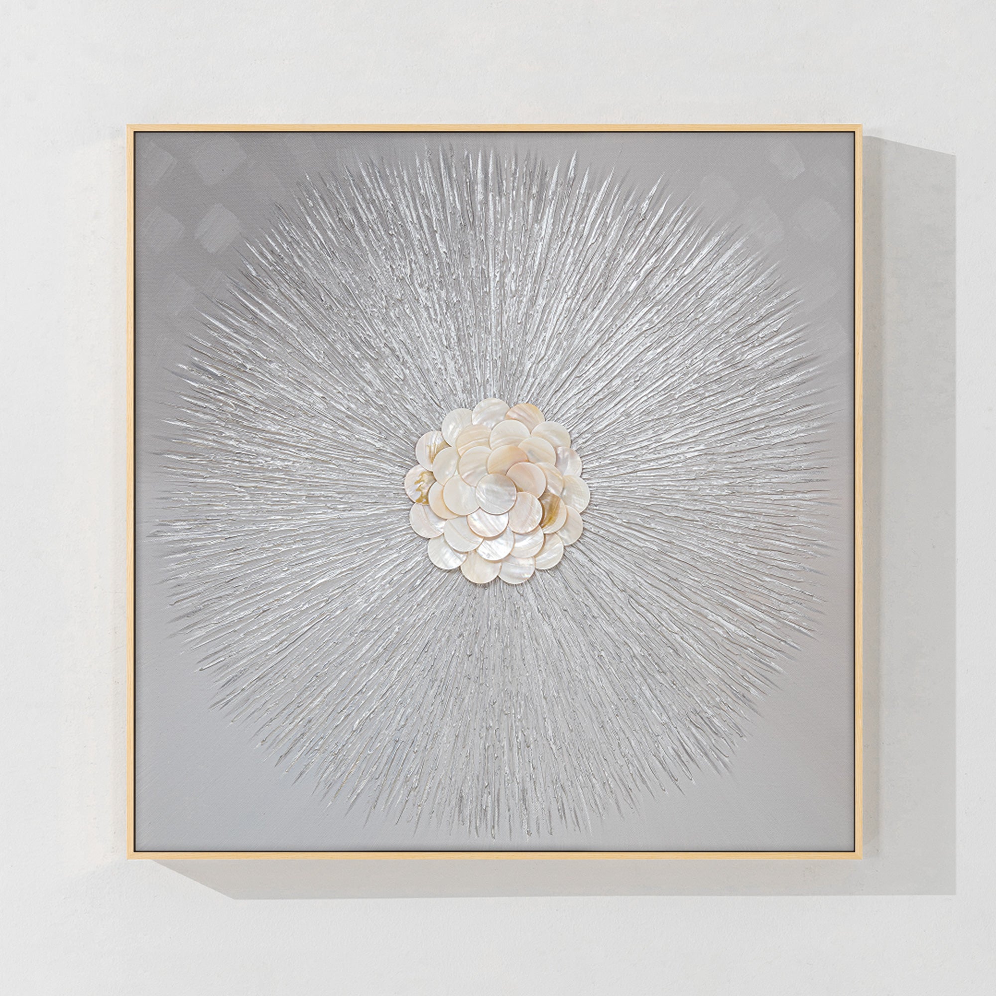 Minimalist gray 3D texture art with gold Capiz shells, perfect for modern home décor and adding a touch of elegance.