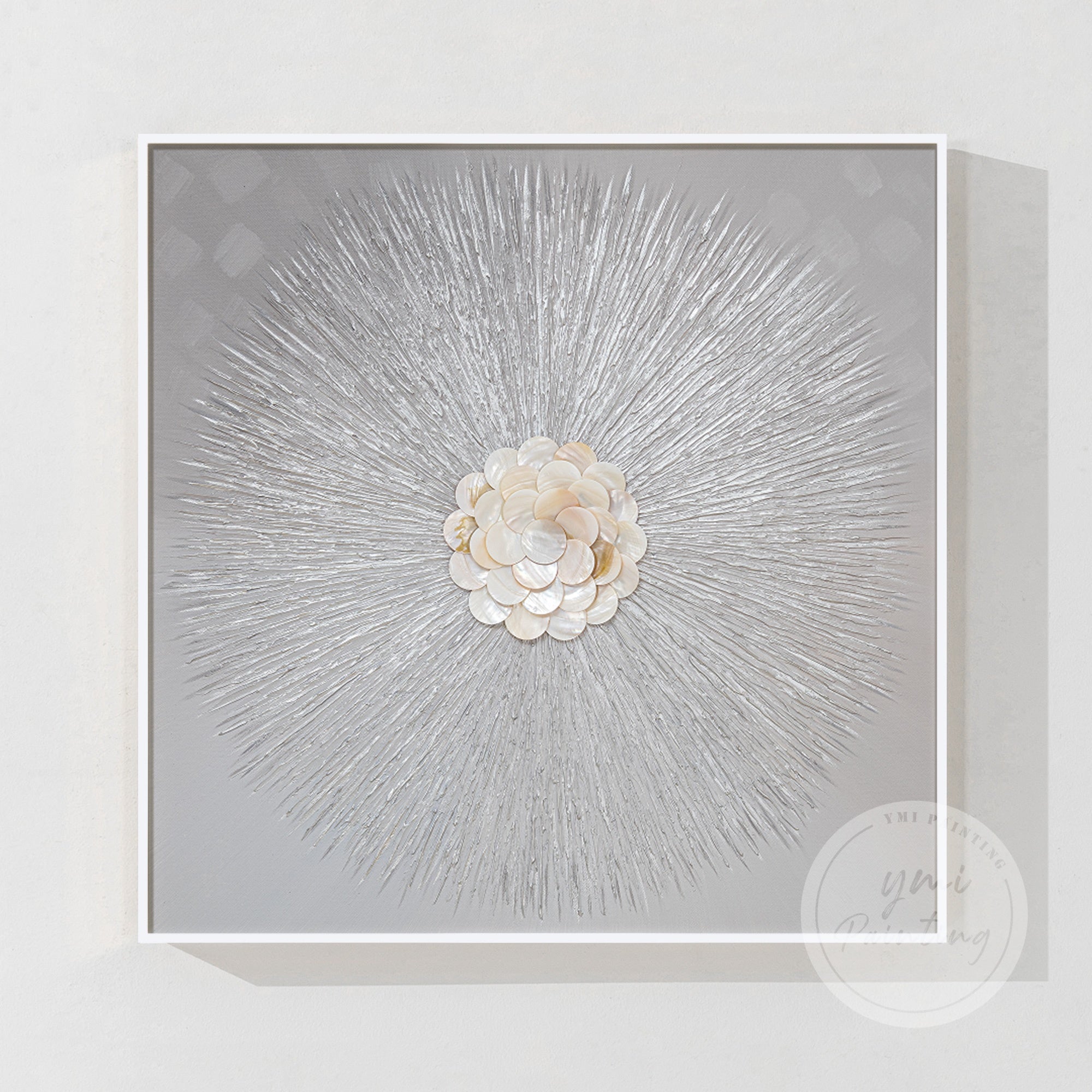Gold Capiz shells with minimalist gray 3D textures, offering a contemporary touch to your wall décor while evoking sophistication and calm.