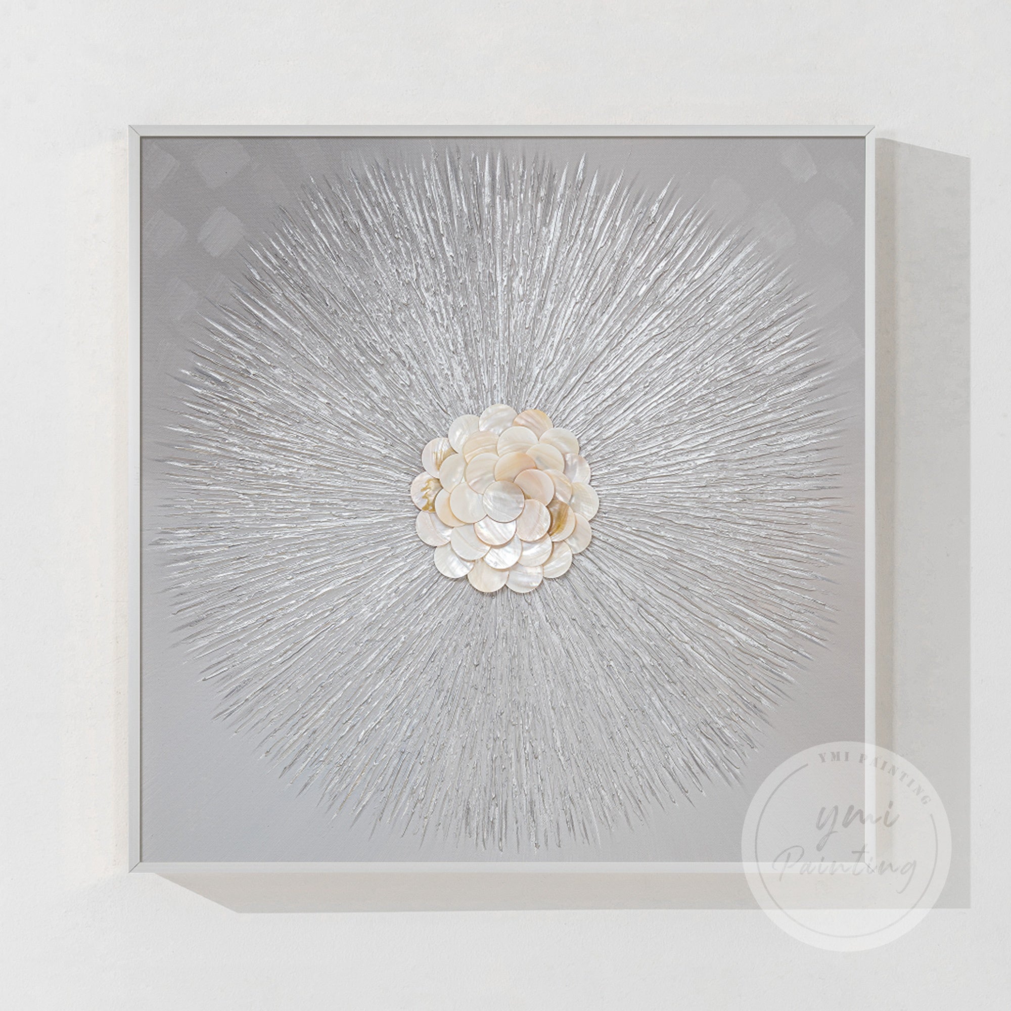 Large original texture art with gold Capiz shells and minimalist gray tones, perfect for adding sophistication and style to any room.