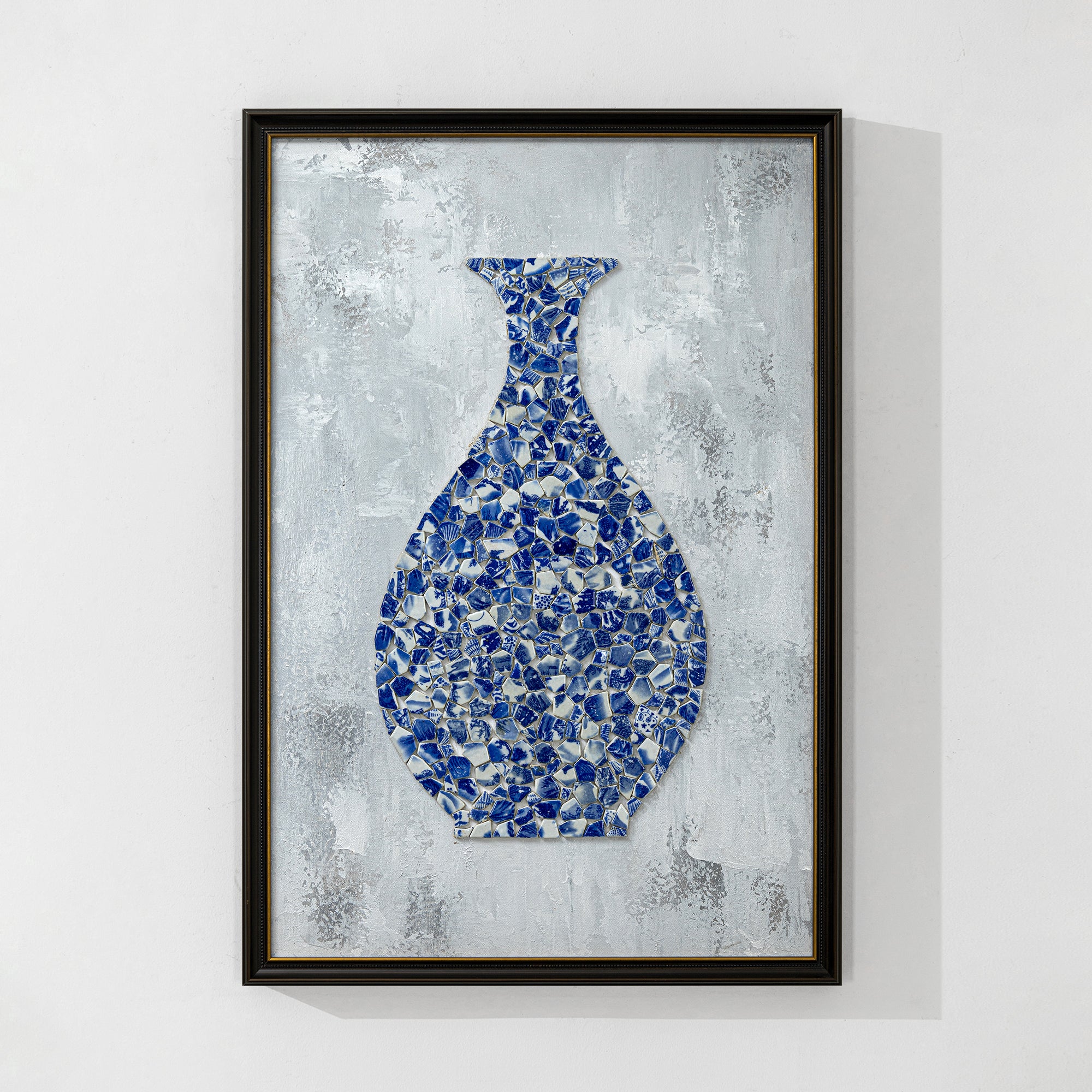 Handmade Antique Porcelain Shard Art featuring classic blue and white designs in a vintage wooden frame, perfect for office or home decor