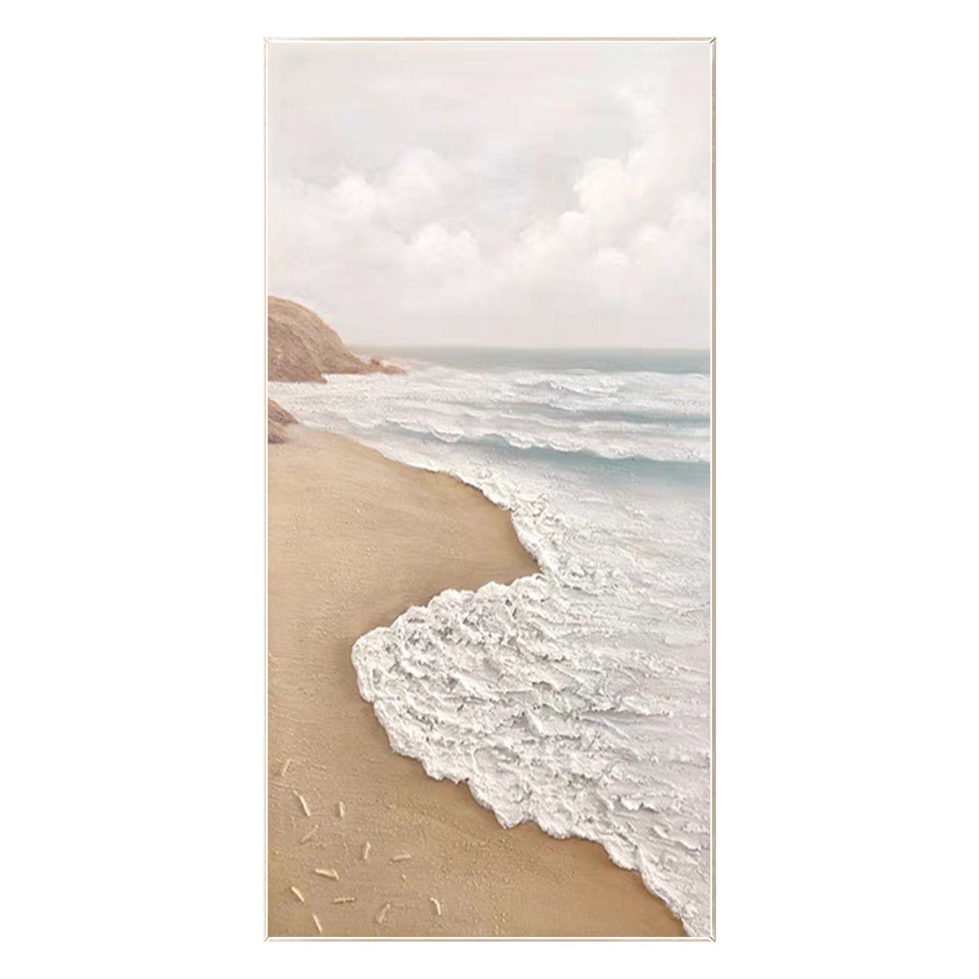 Abstract large beach painting with sculpted wave effects in a natural palette.