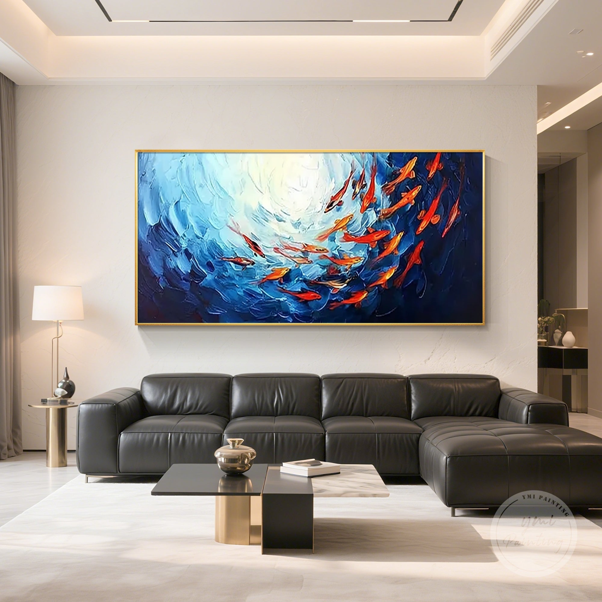 Hand-painted ocean scene with a dynamic red school of fish in navy blue waters.