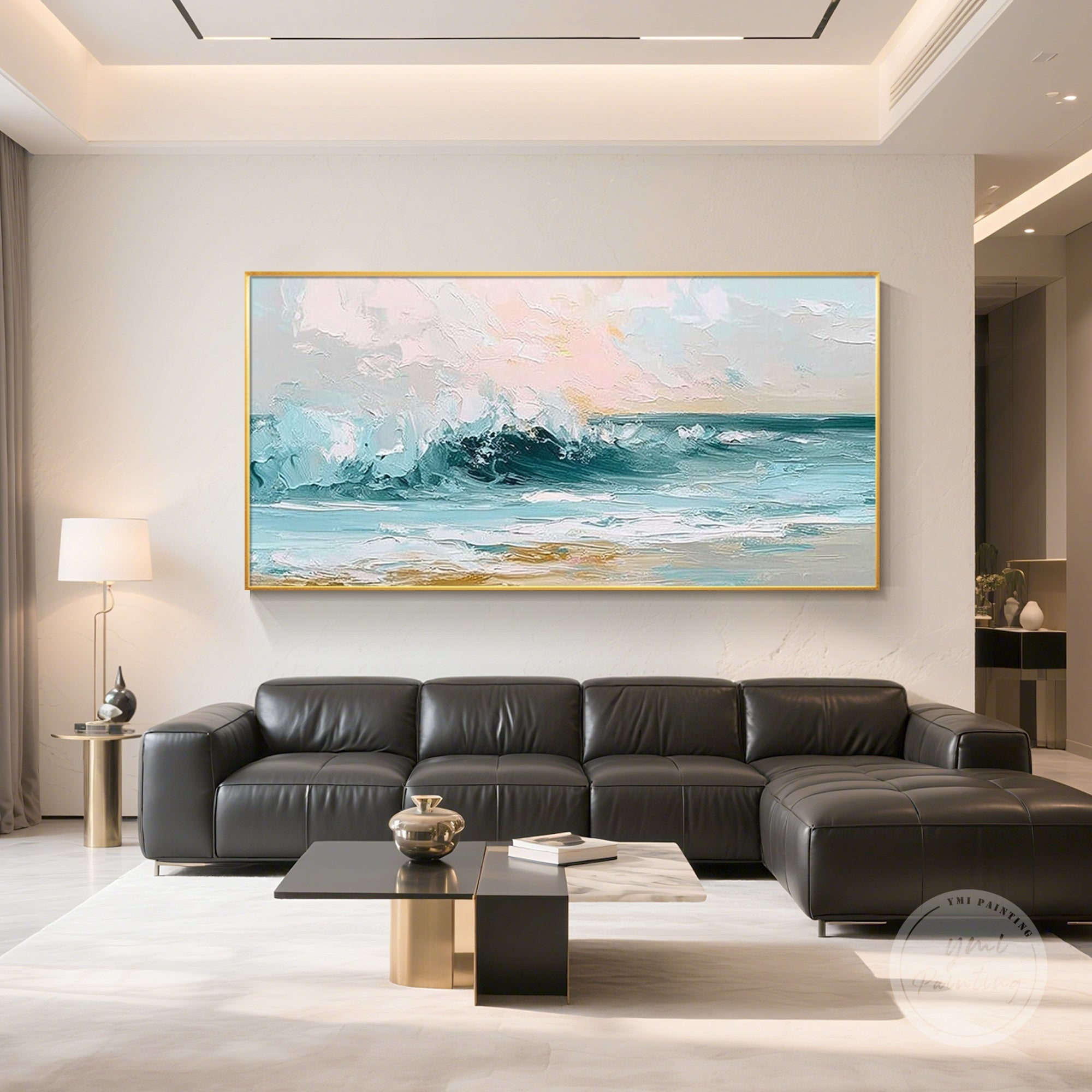 Hand-painted blue wave painting with textured layers, perfect for ocean-inspired decor.