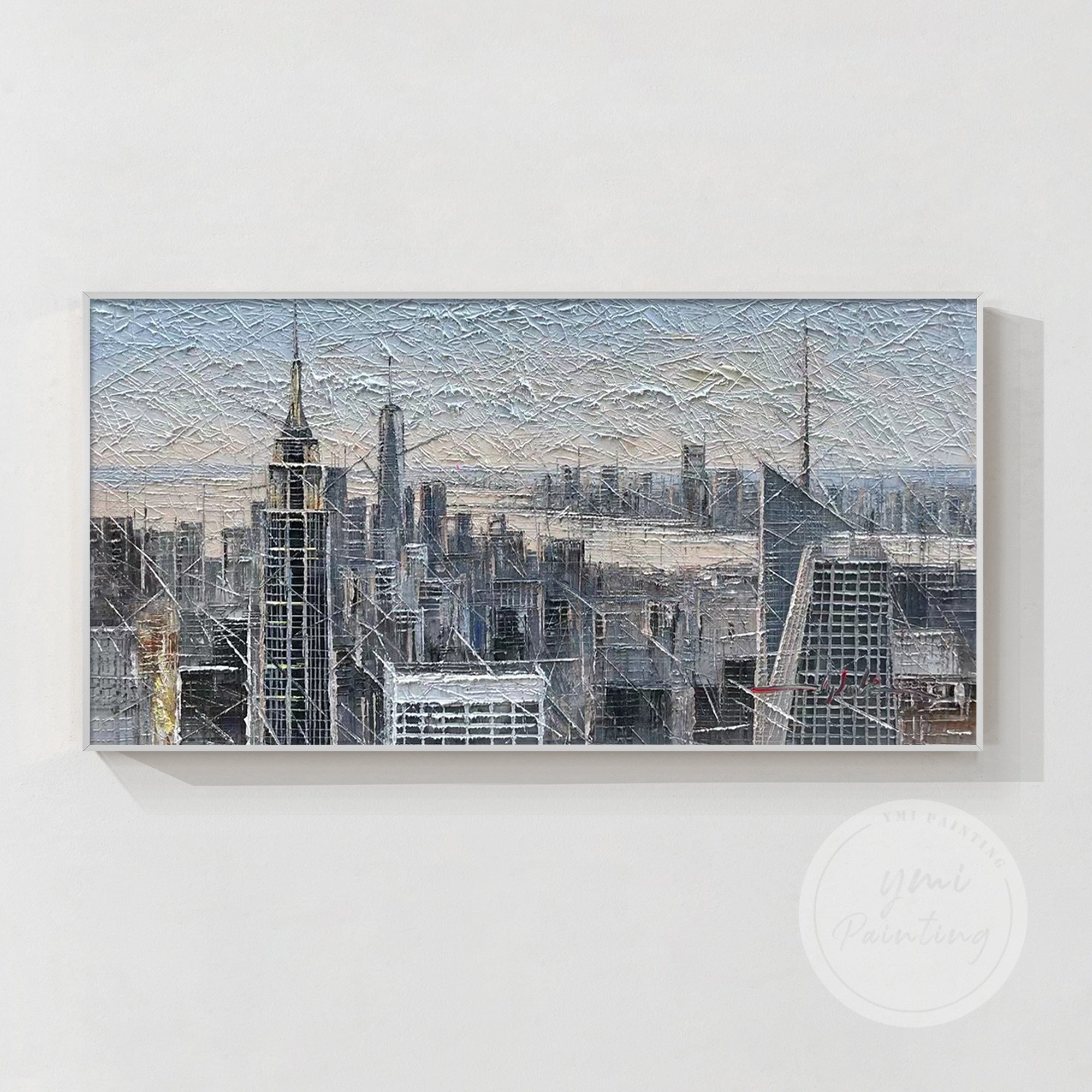 Framed New York City skyline artwork, with dynamic textures and rich colors, ideal for bringing energy and elegance to your home or office.