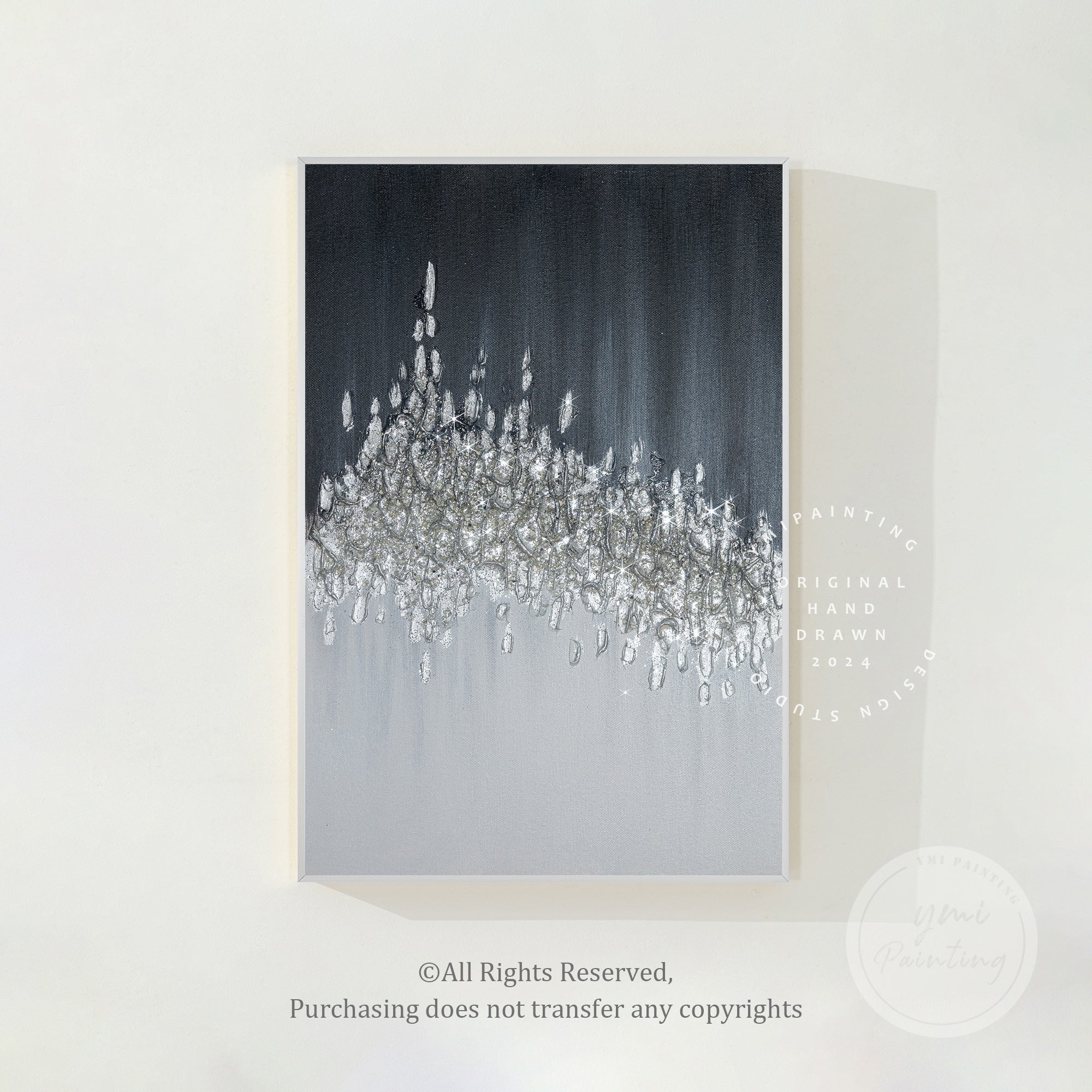 Minimalist crushed glass glitter painting with elegant black and silver colors.