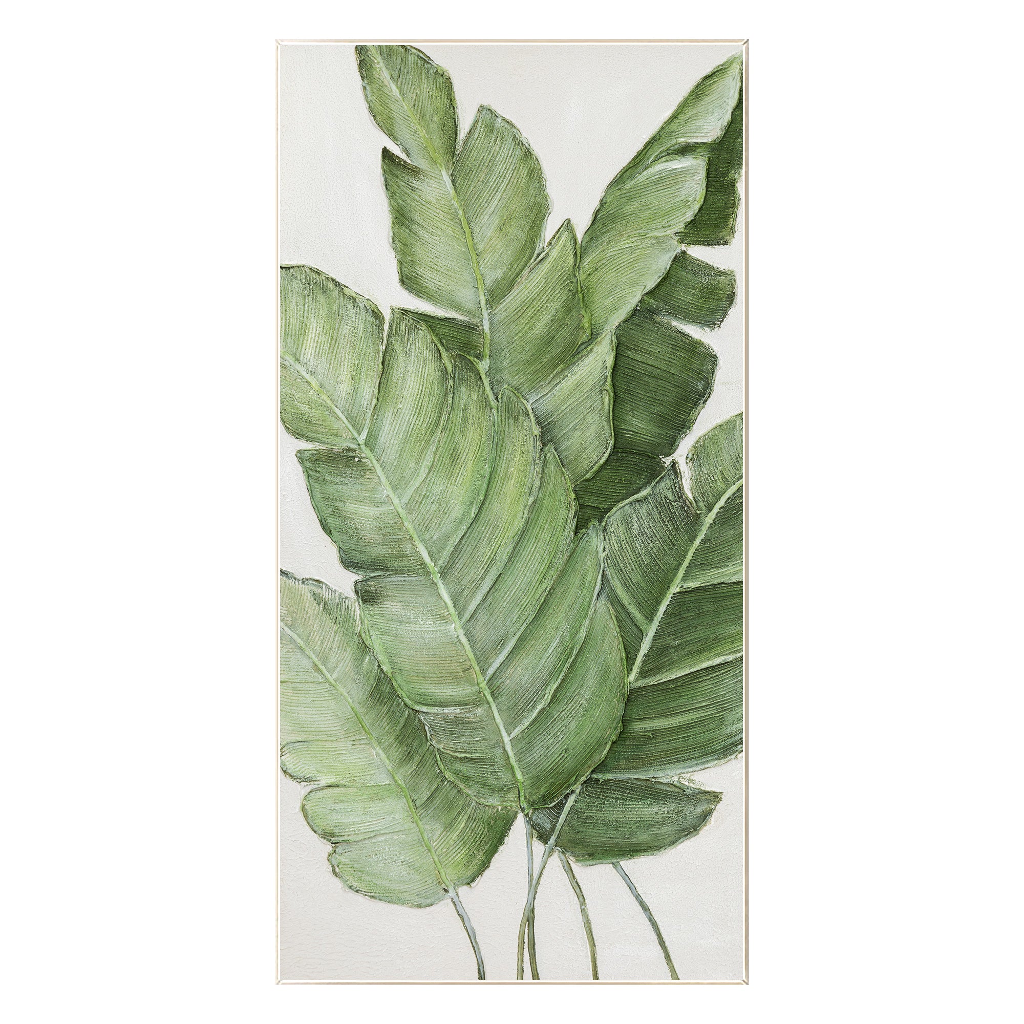 Framed green leaf art with large scale and organic forms.