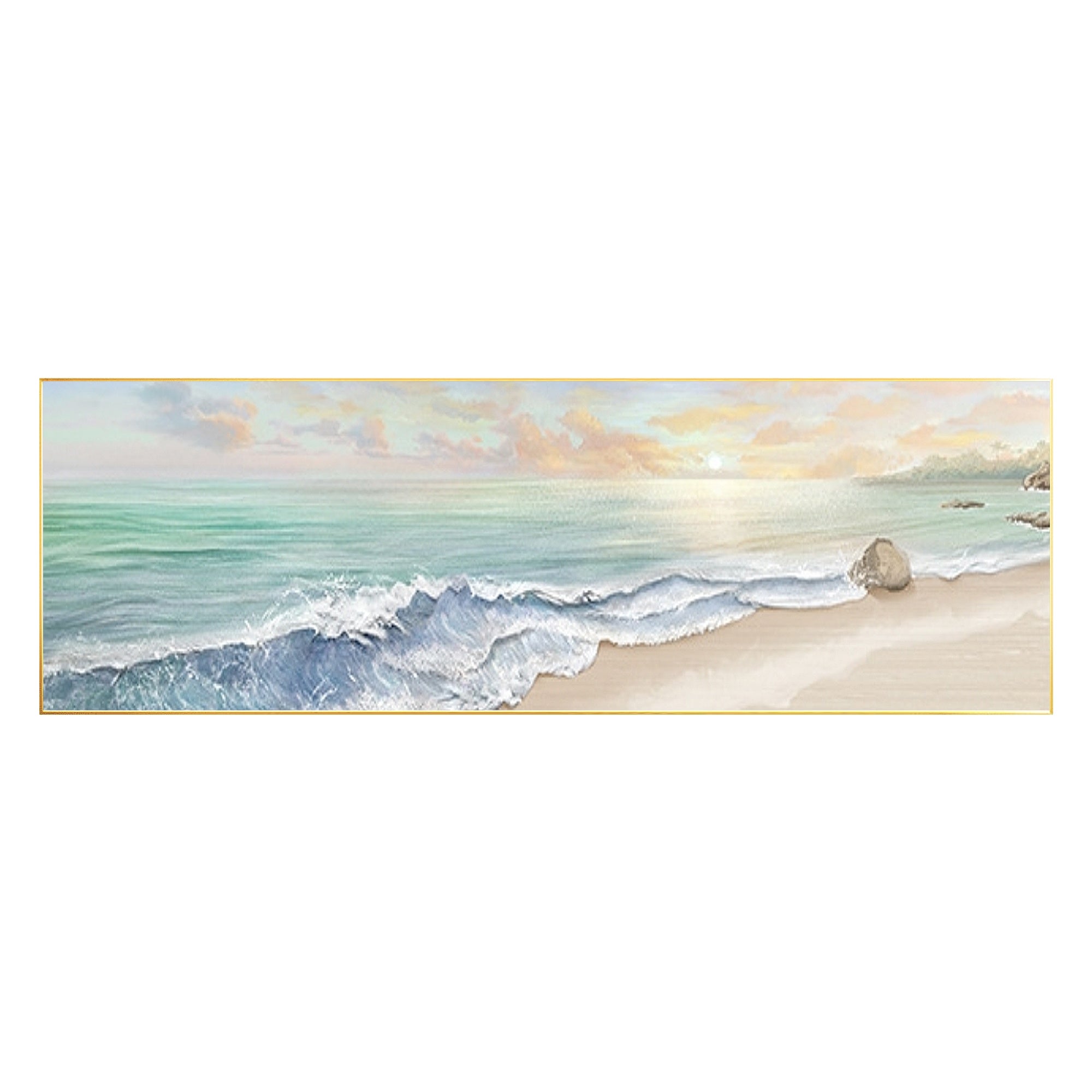 Blue and teal wave painting with subtle texture and elegant coastal style.