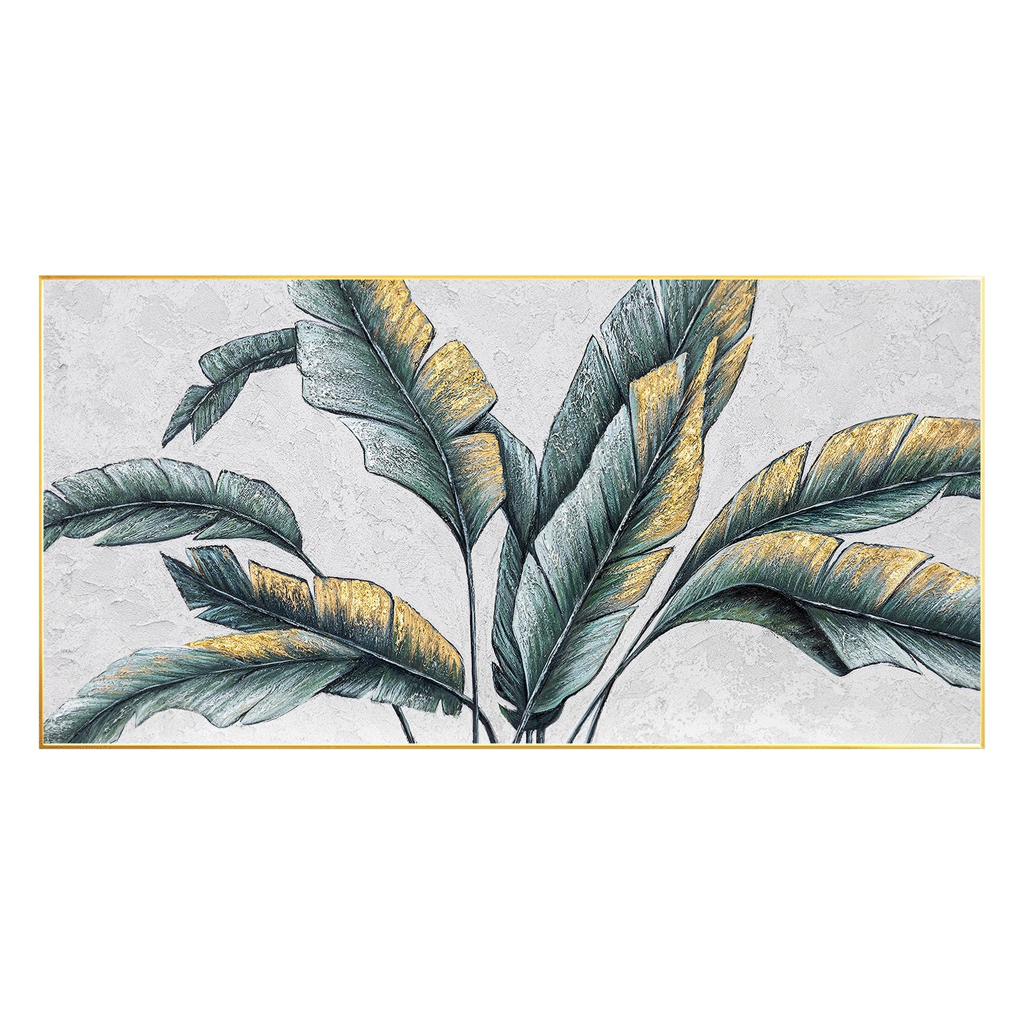 Gold leaf palm tree leaf painting, textured acrylic on canvas with rich green tones and organic shapes, perfect for nature-inspired decor.