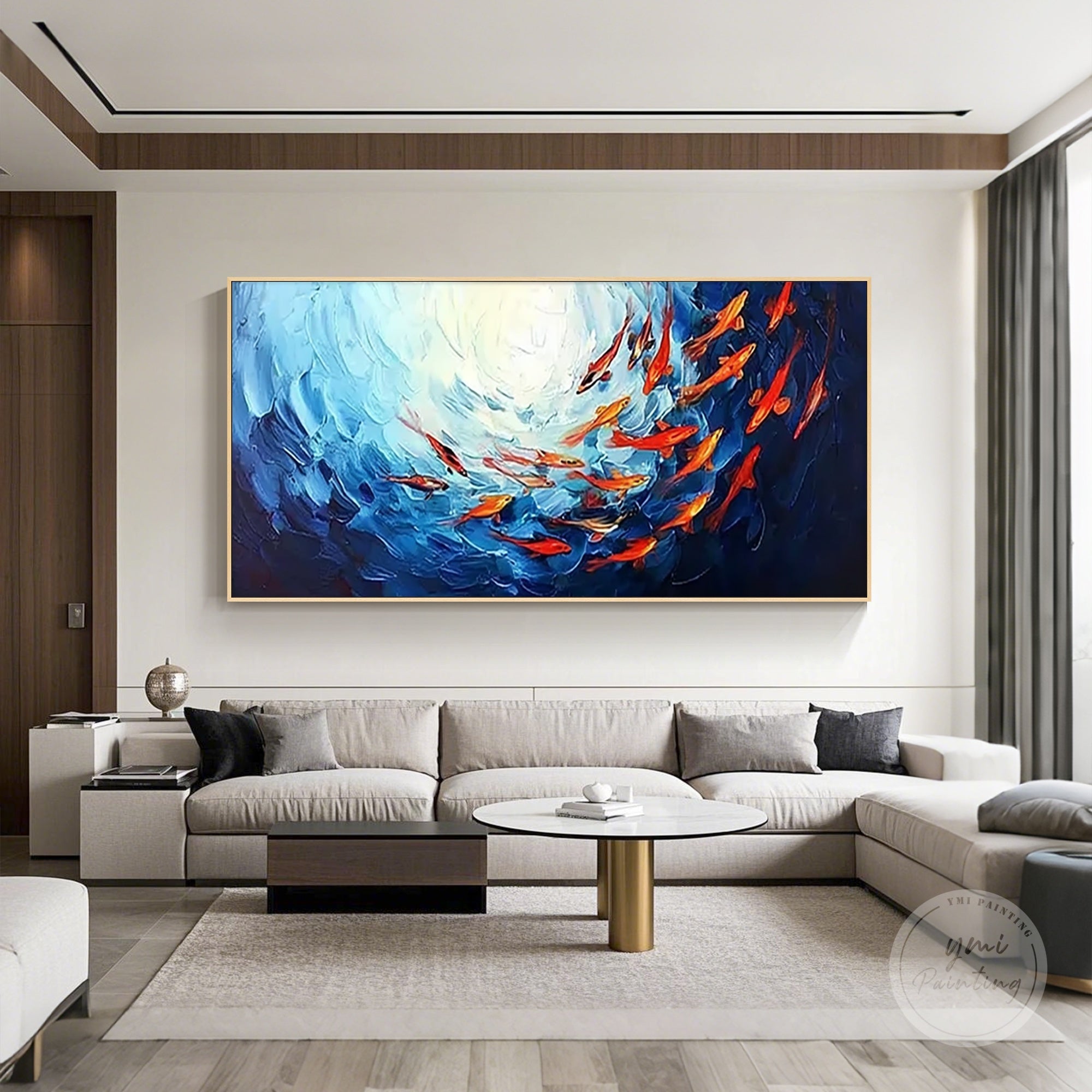 Abstract ocean painting with red fish against a rich navy blue ocean backdrop.