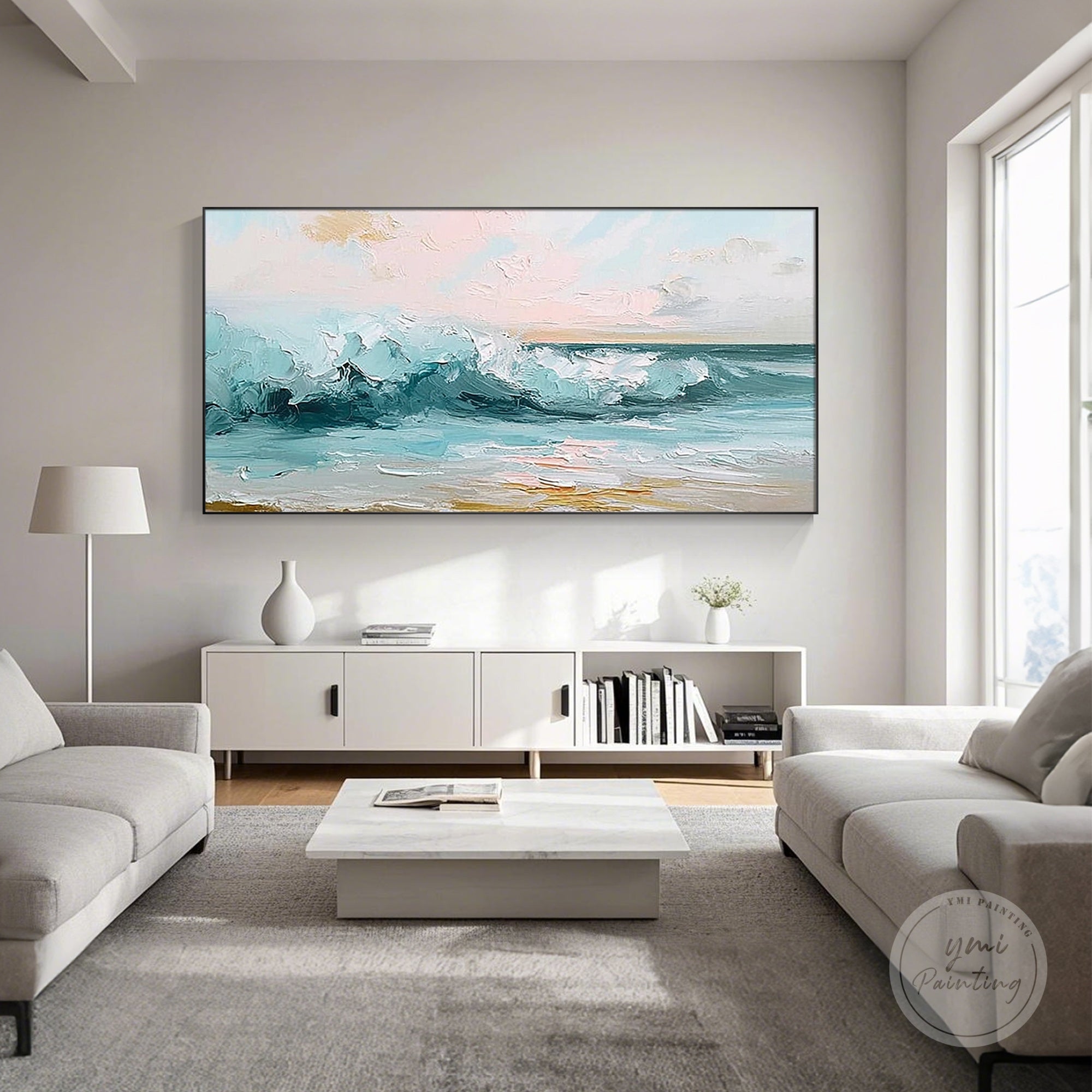 Textured ocean art showcasing powerful blue waves in an abstract composition.