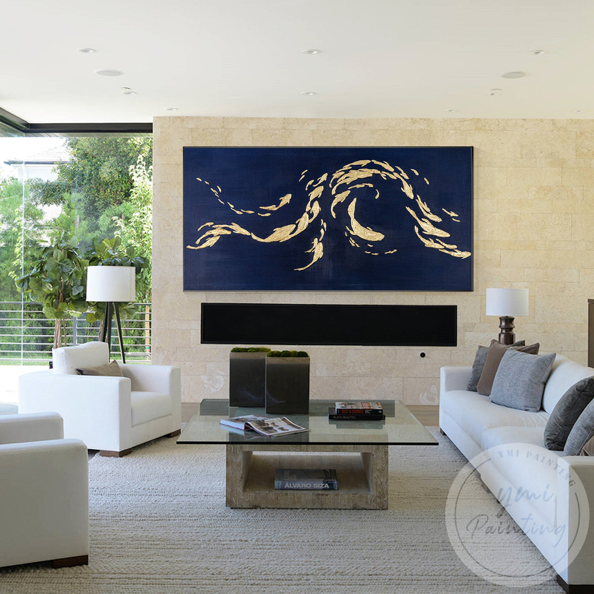 Luxury navy blue gold fish artwork contemporary wall decor