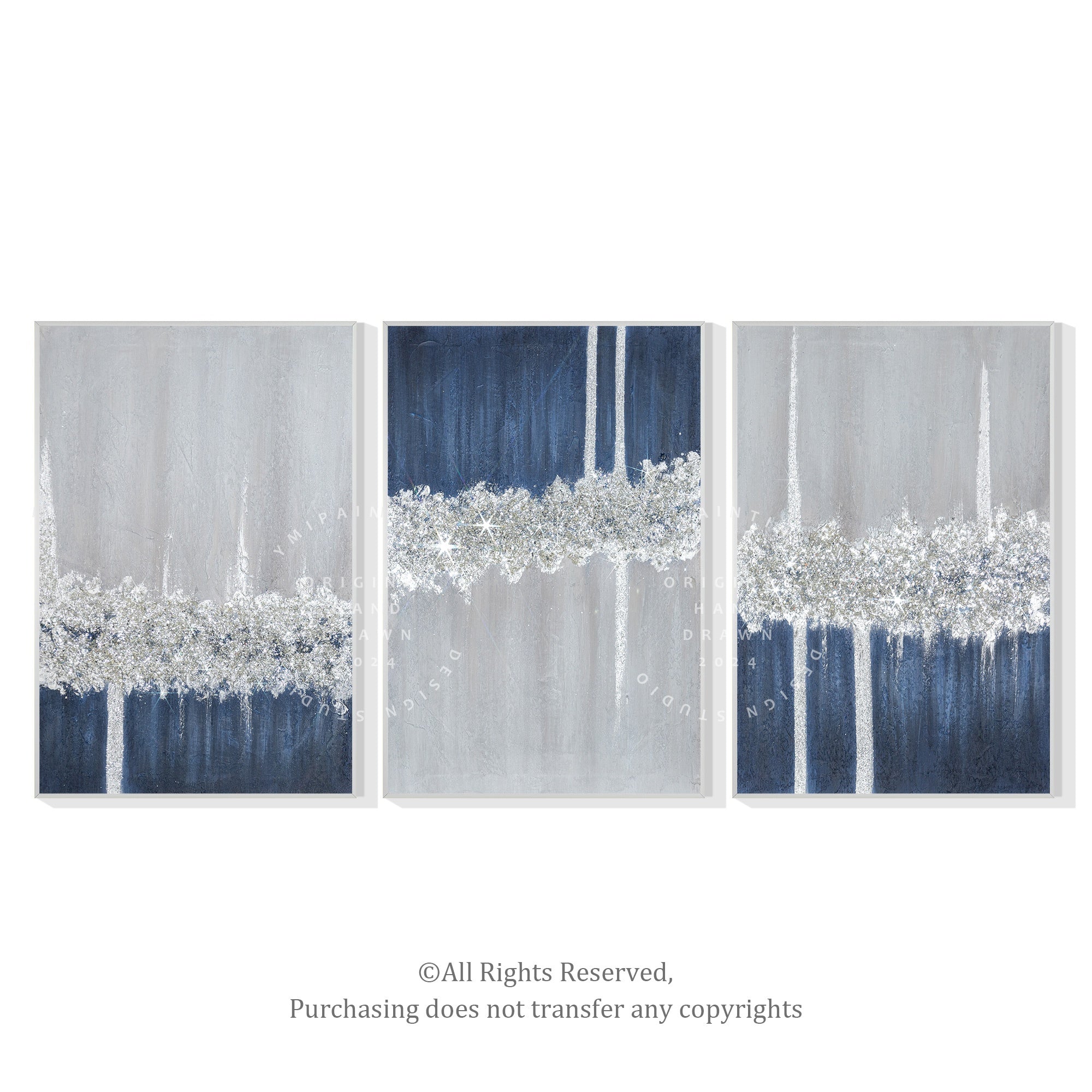 Navy blue abstract glitter art triptych with 3D textures and contemporary aesthetic.