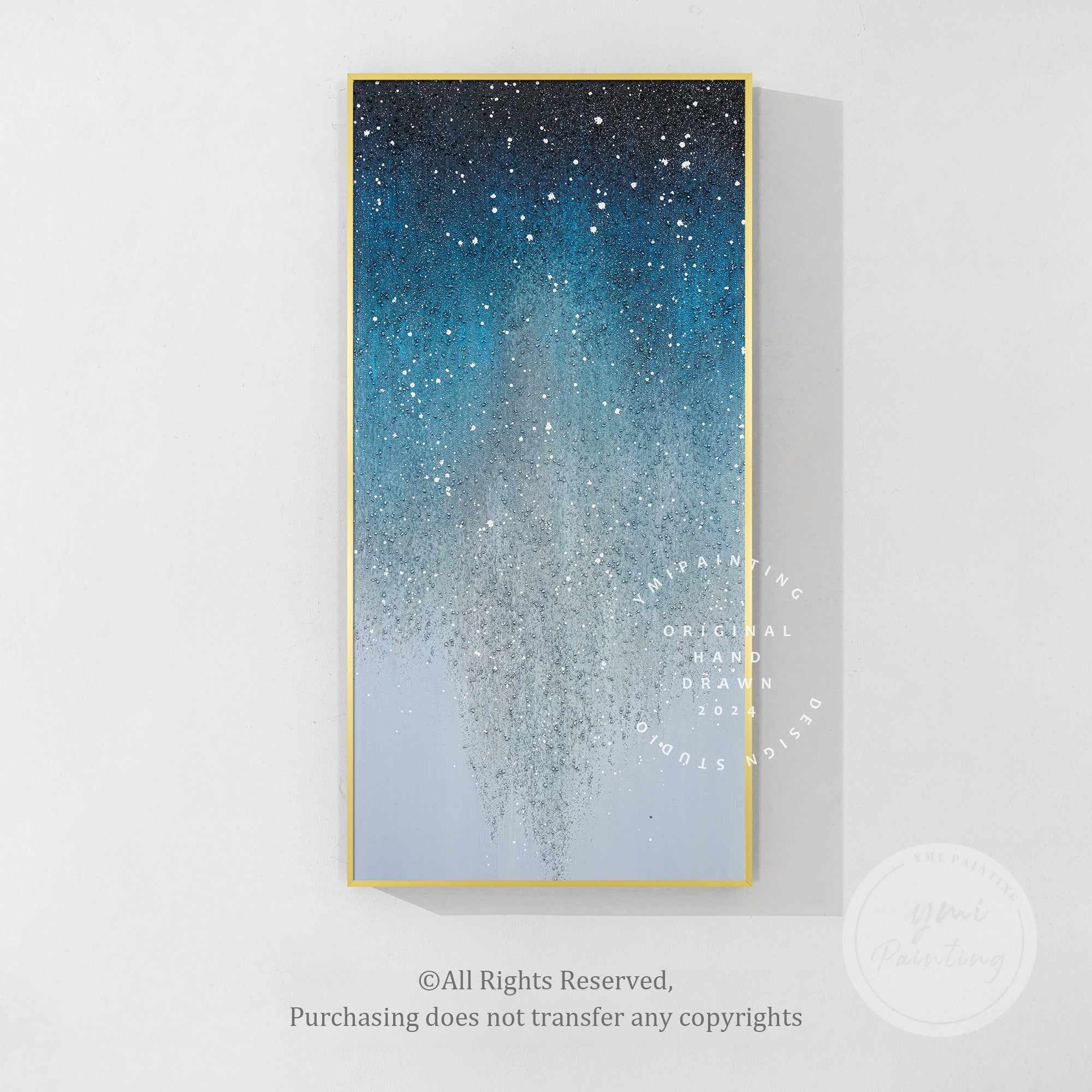 Blue silver glitter wall art with an abstract design, capturing light and enhancing contemporary spaces.