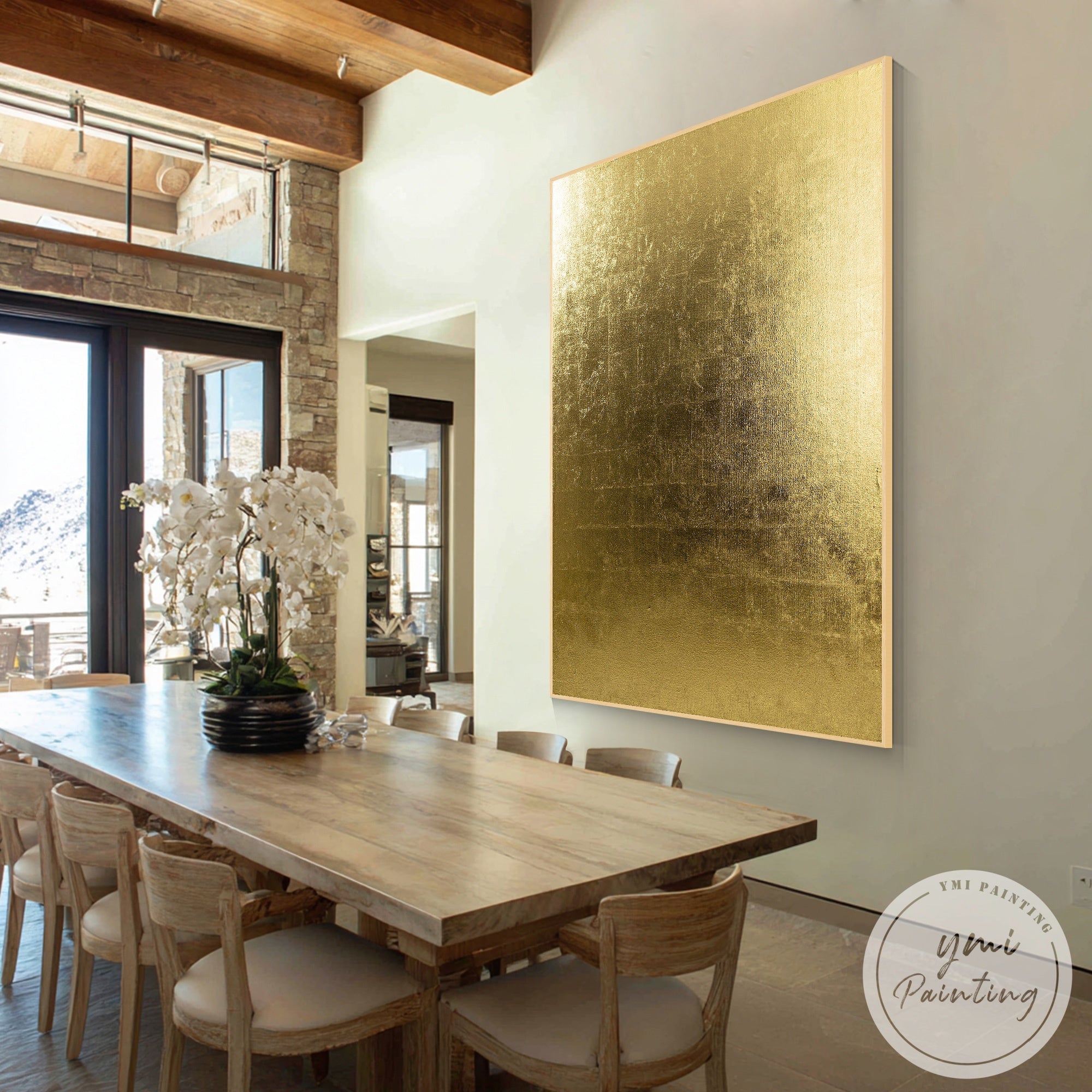 Vertical gold foil canvas artwork for contemporary office interior