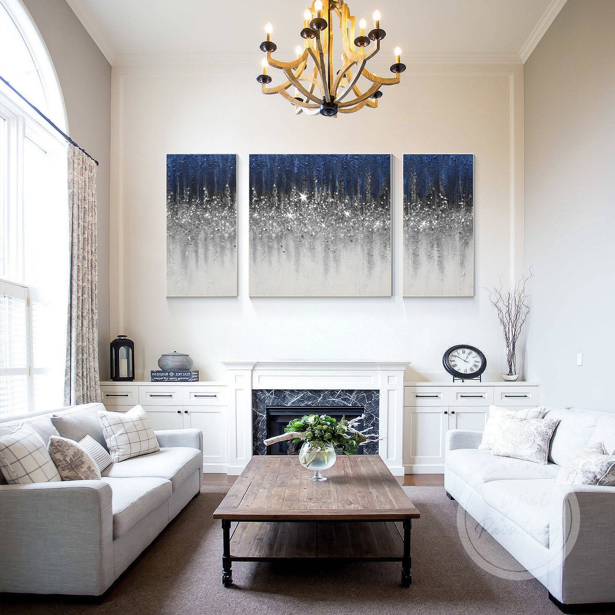 3-panel navy blue and silver glitter abstract art with ombre effect