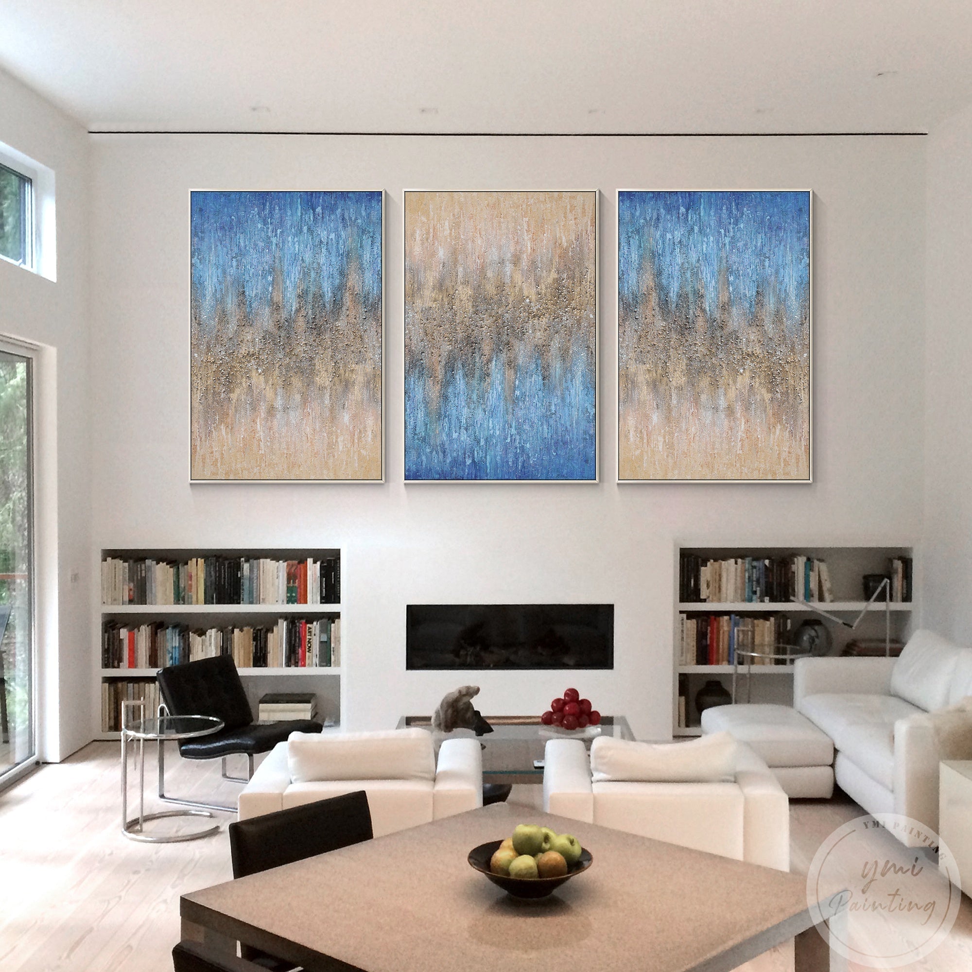 Blue and beige 3-panel wall art with textured stone details