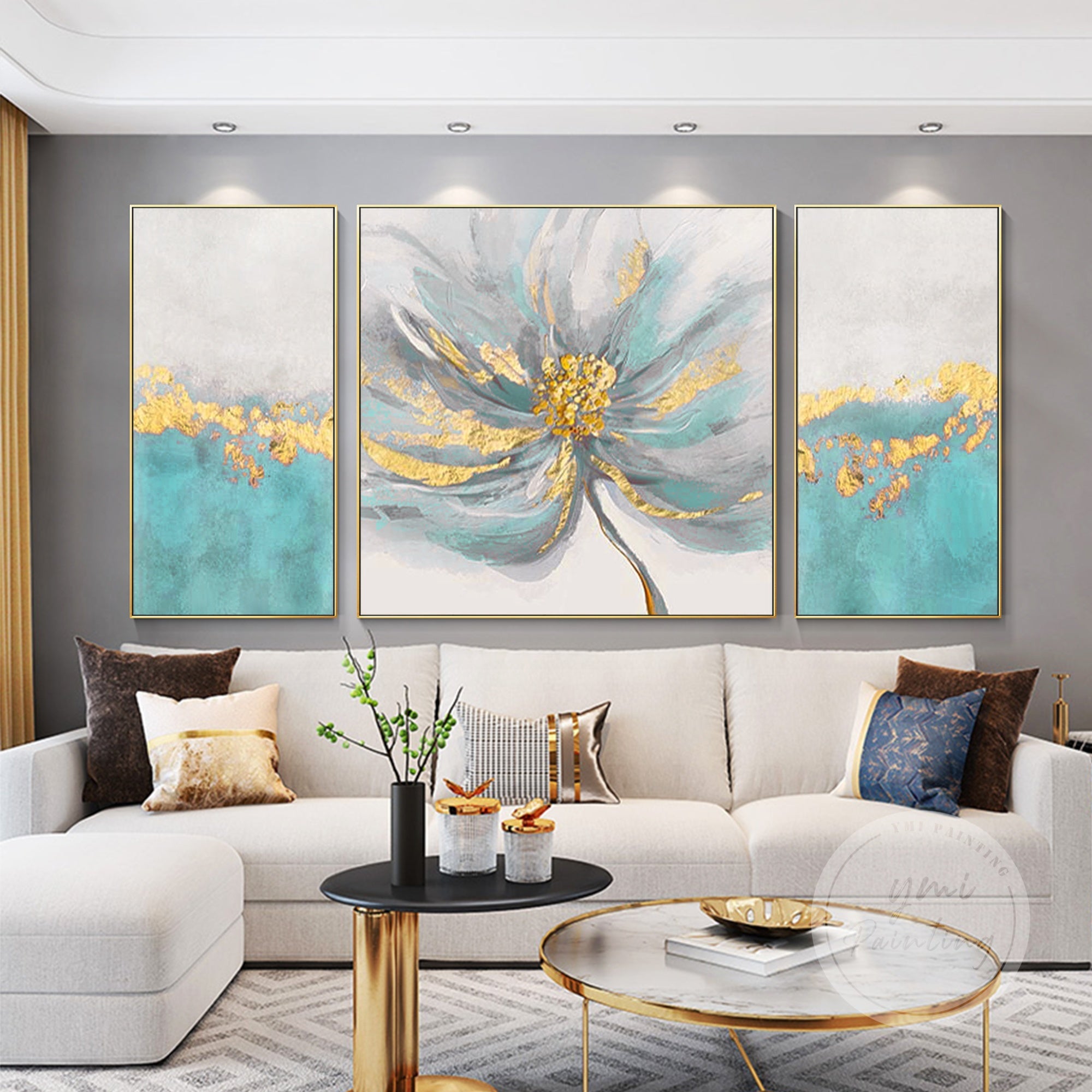A stylish 3-piece wall art featuring abstract flowers in teal and gray with luxurious gold details, perfect for a sophisticated ambiance.