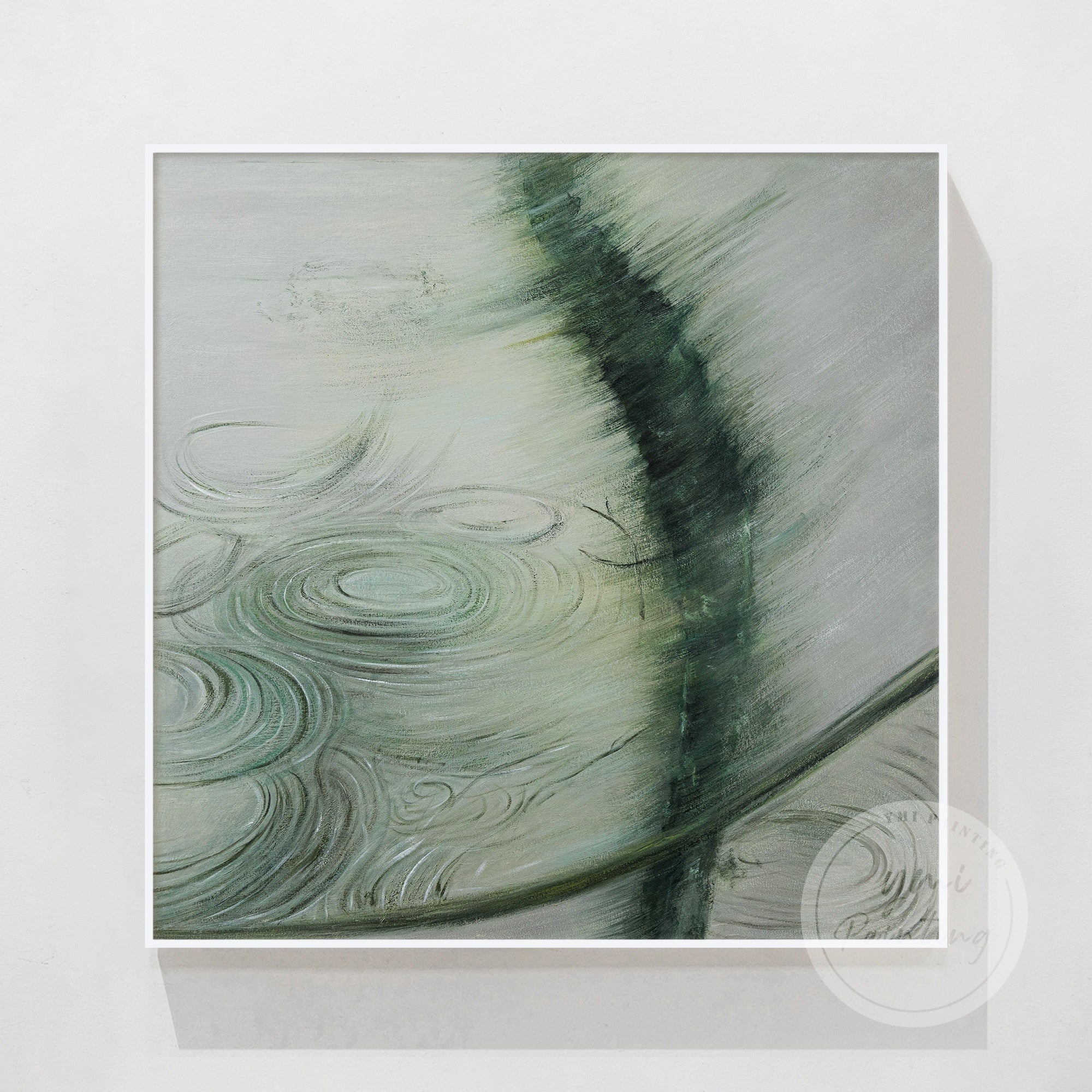 Abstract water-inspired painting with gentle ripples and organic brushstrokes in calm green in silver frame