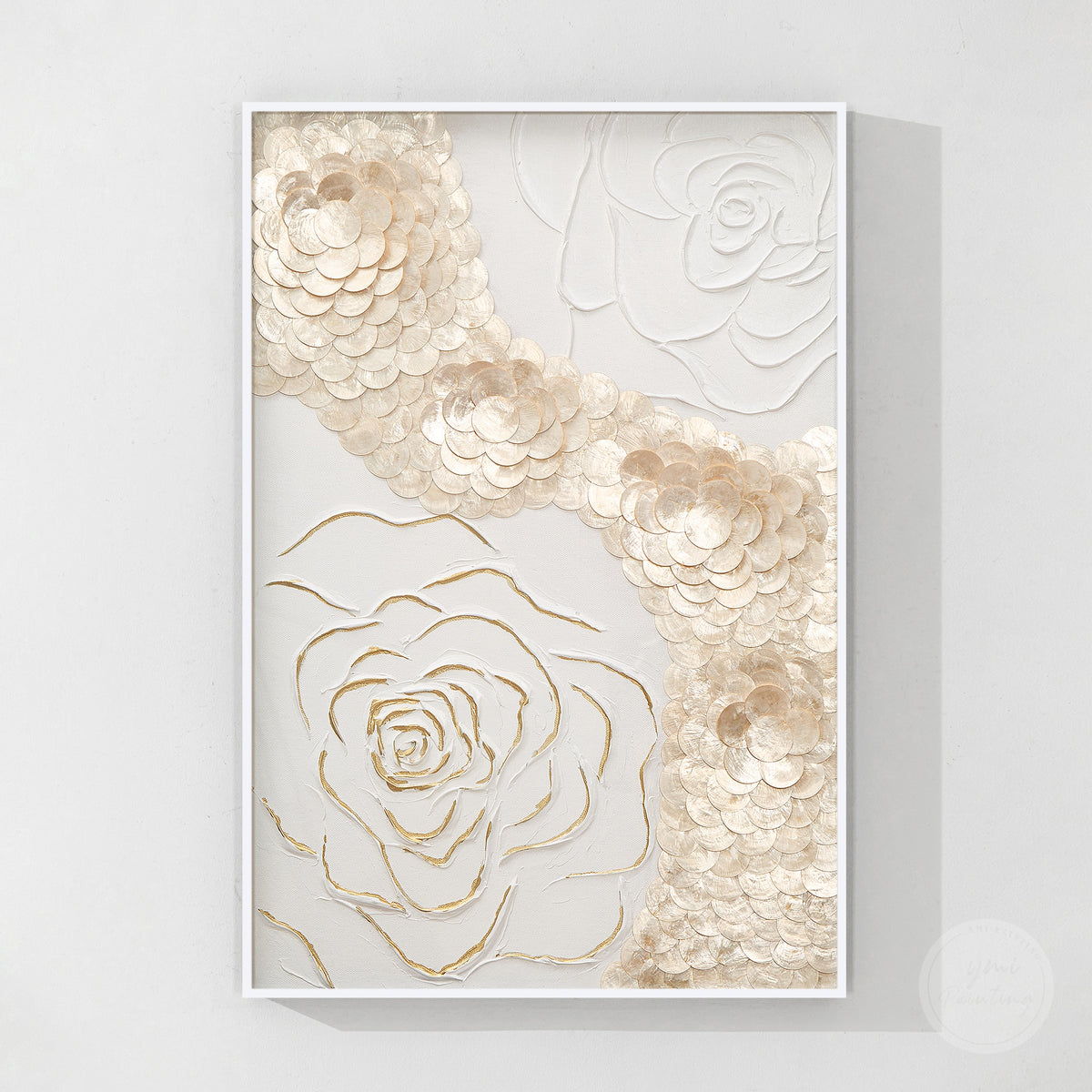 Textured Capiz shell wall art with elegant three-dimensional flower design