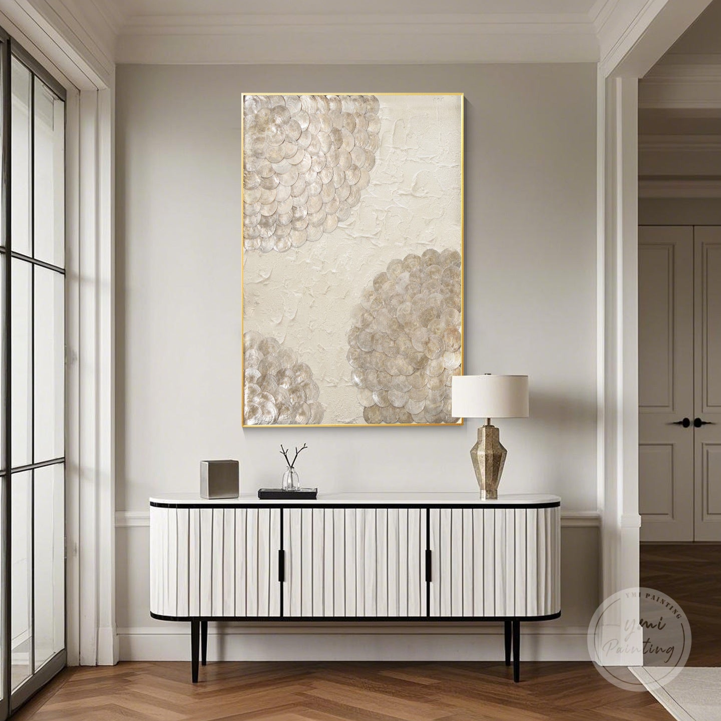Luxury 3D Capiz shell wall art in gold and creamy beige tones, layered shadowbox with refined texture.