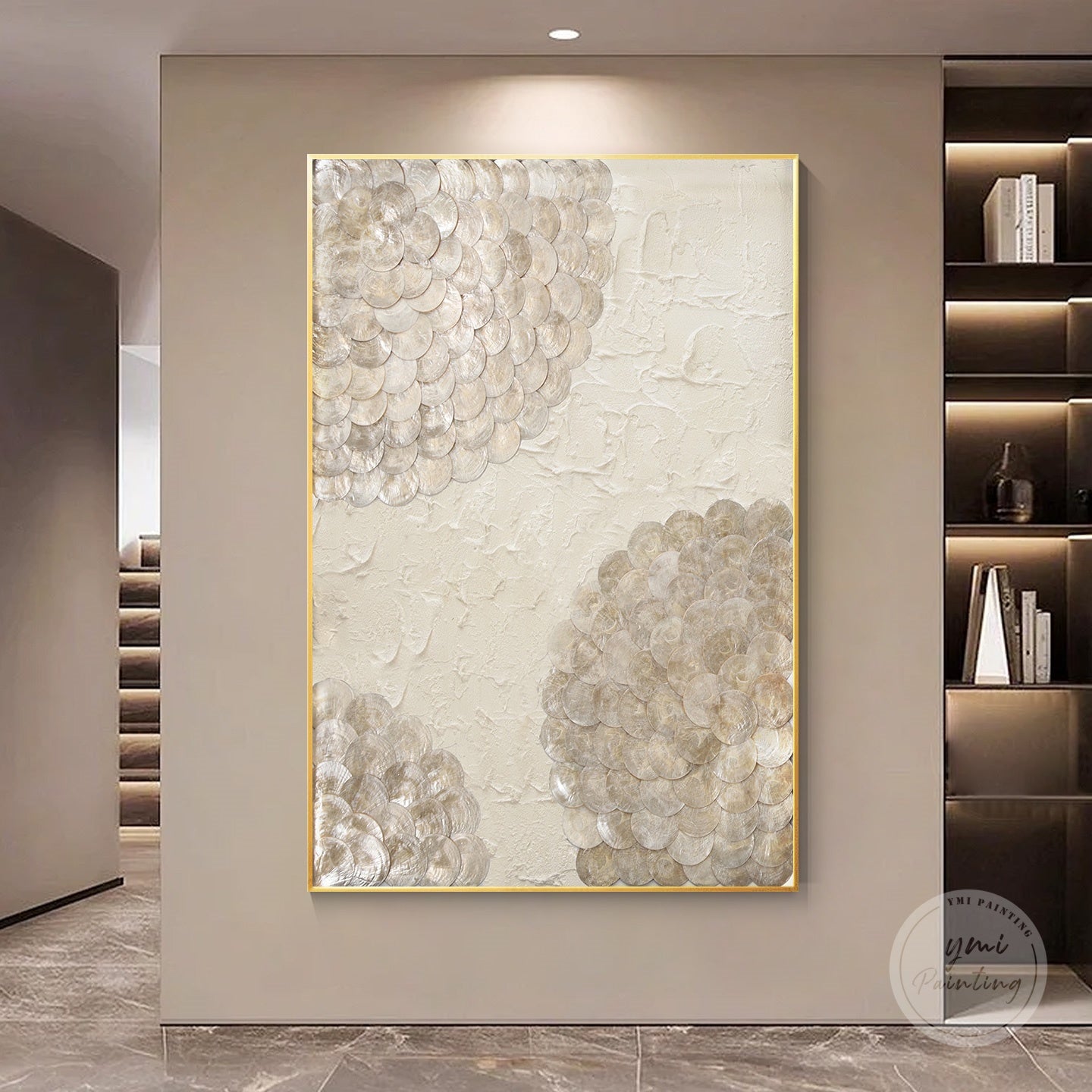 Handcrafted Capiz shell shadowbox wall art in creamy beige, protected by a clear acrylic cover.