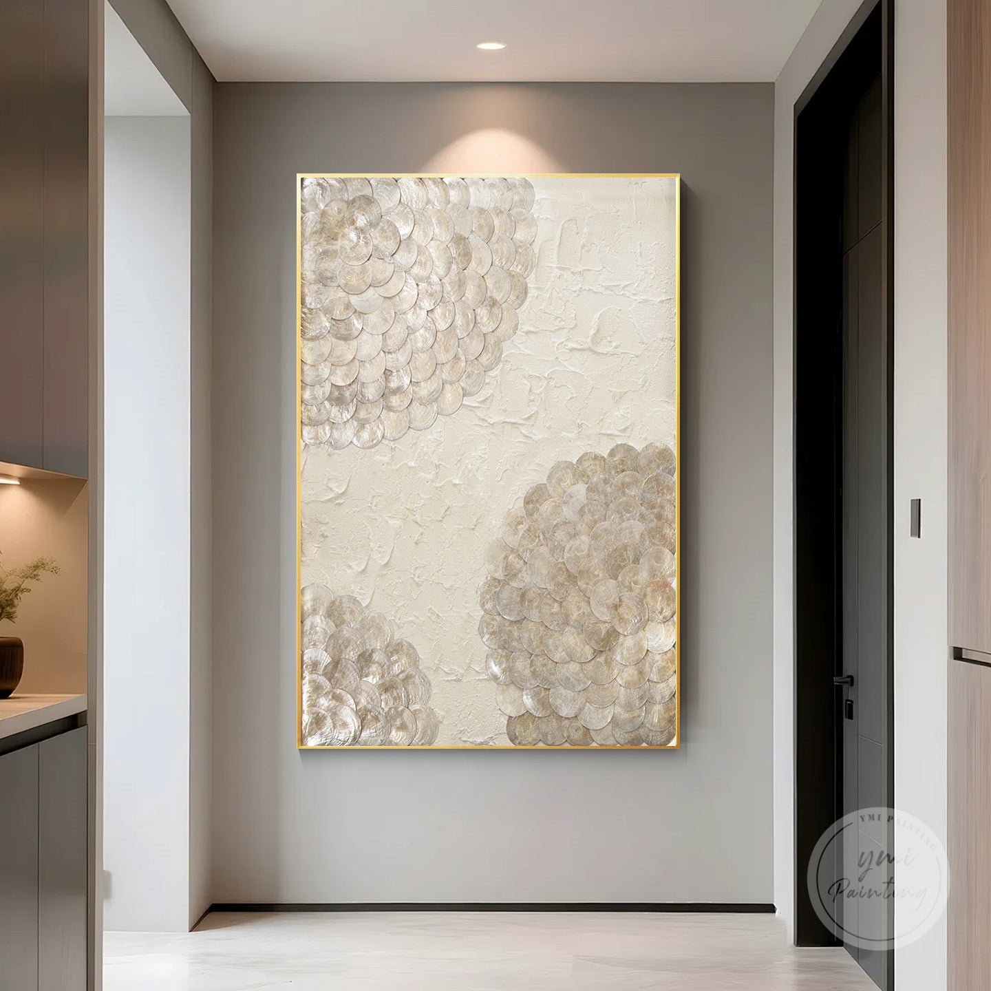 Elegant 3D Capiz shell decor in gold and creamy beige, luxury coastal wall art for modern interiors.