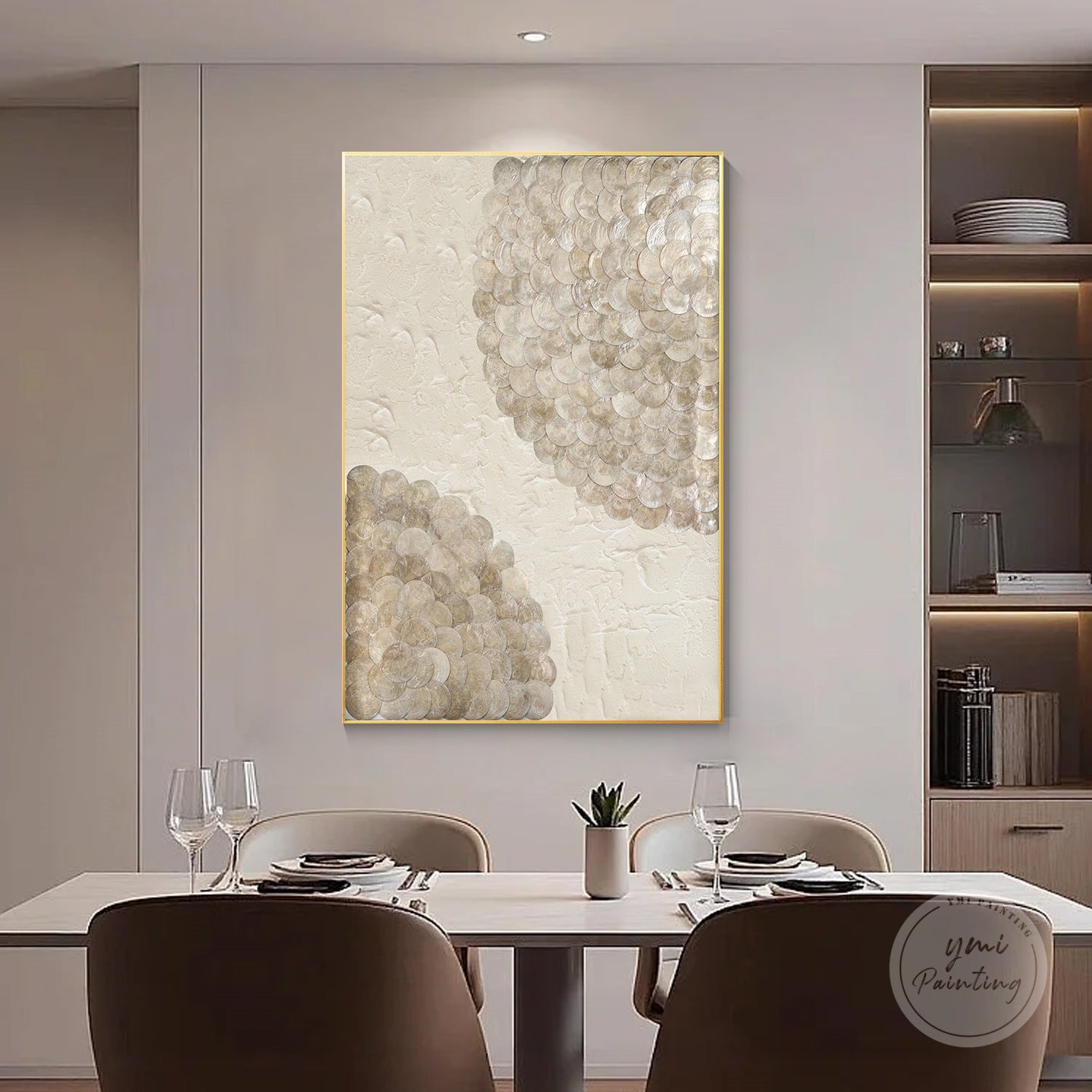 Handcrafted Capiz shell shadowbox in creamy beige, protected by a clear acrylic cover for durability.