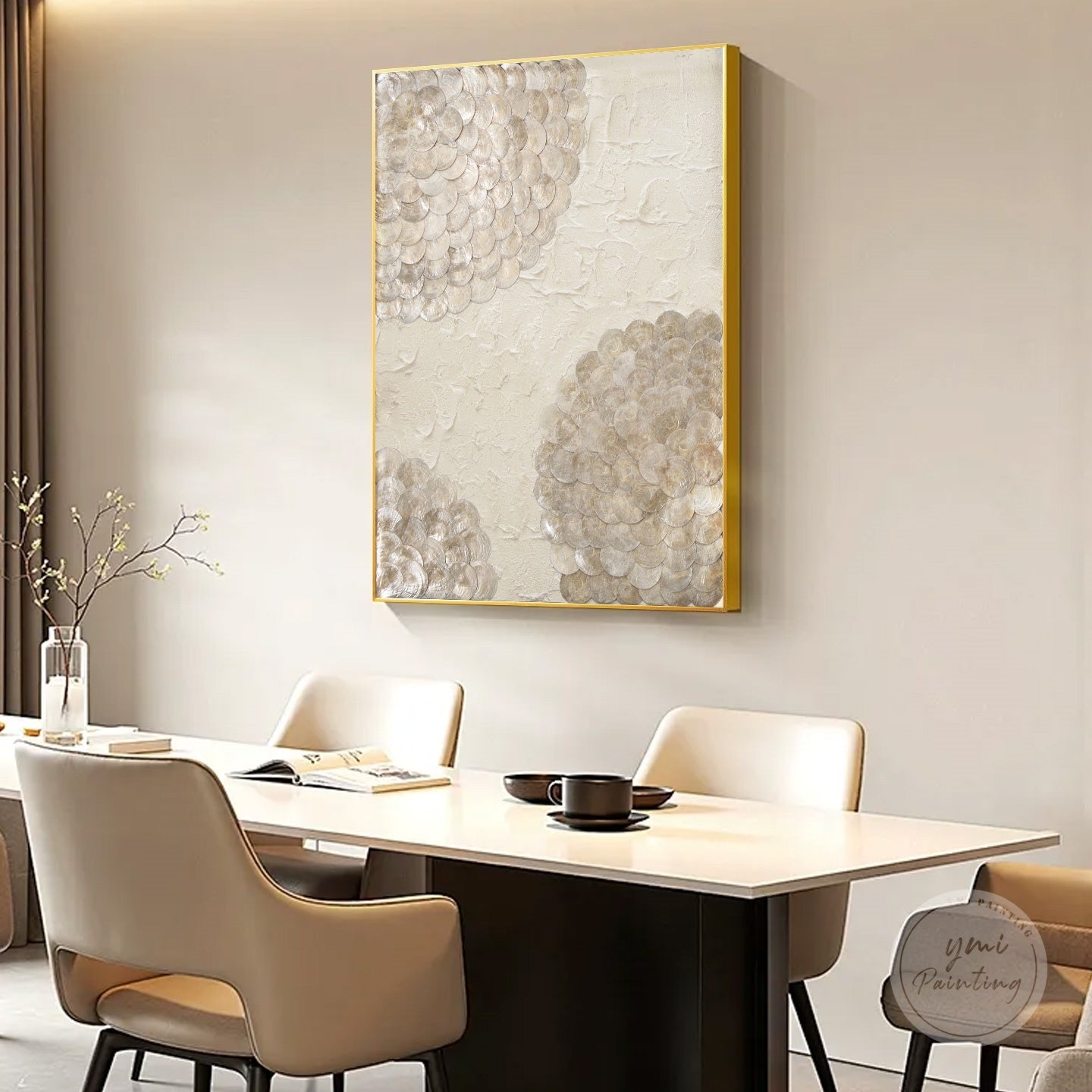 Layered Capiz shell wall art in creamy beige and gold, luxury shadowbox with acrylic surface.