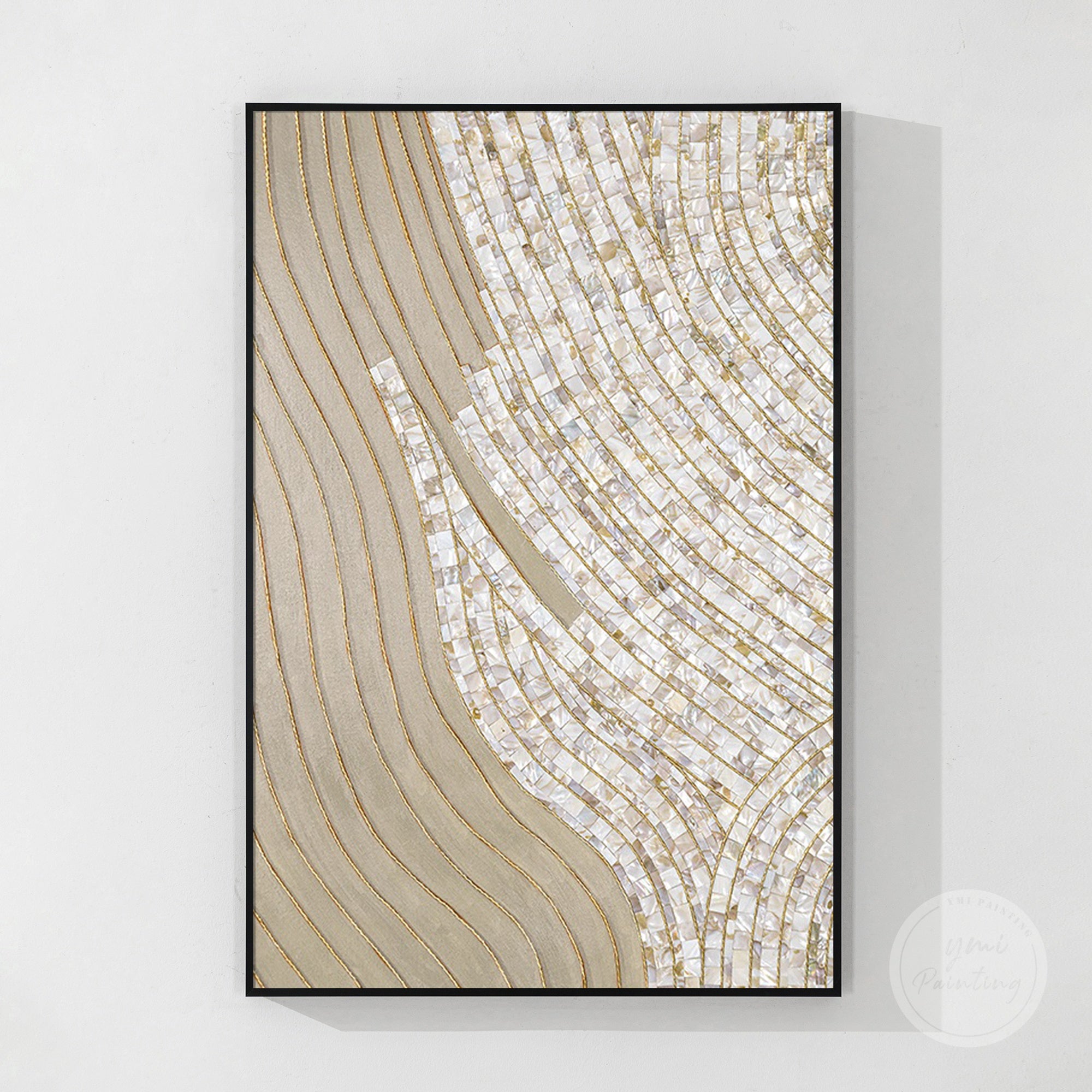 Large beige and gold mosaic wall sculpture, suitable for modern apartments or condos.