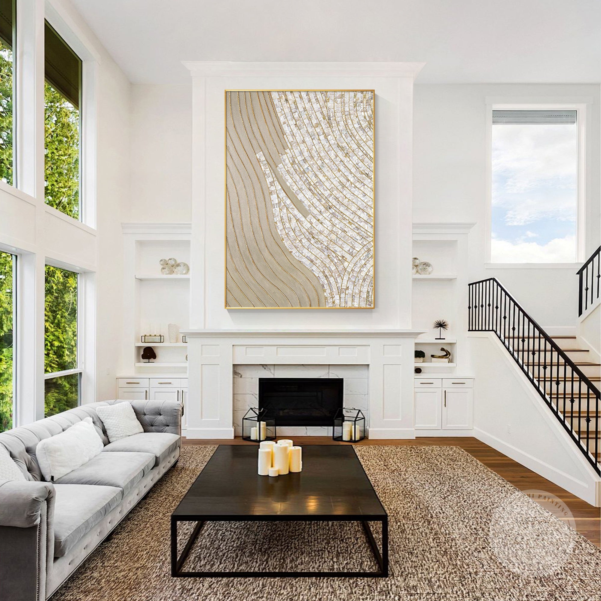 Large framed beige and gold 3D wall decor, suitable for coastal or luxury interiors.