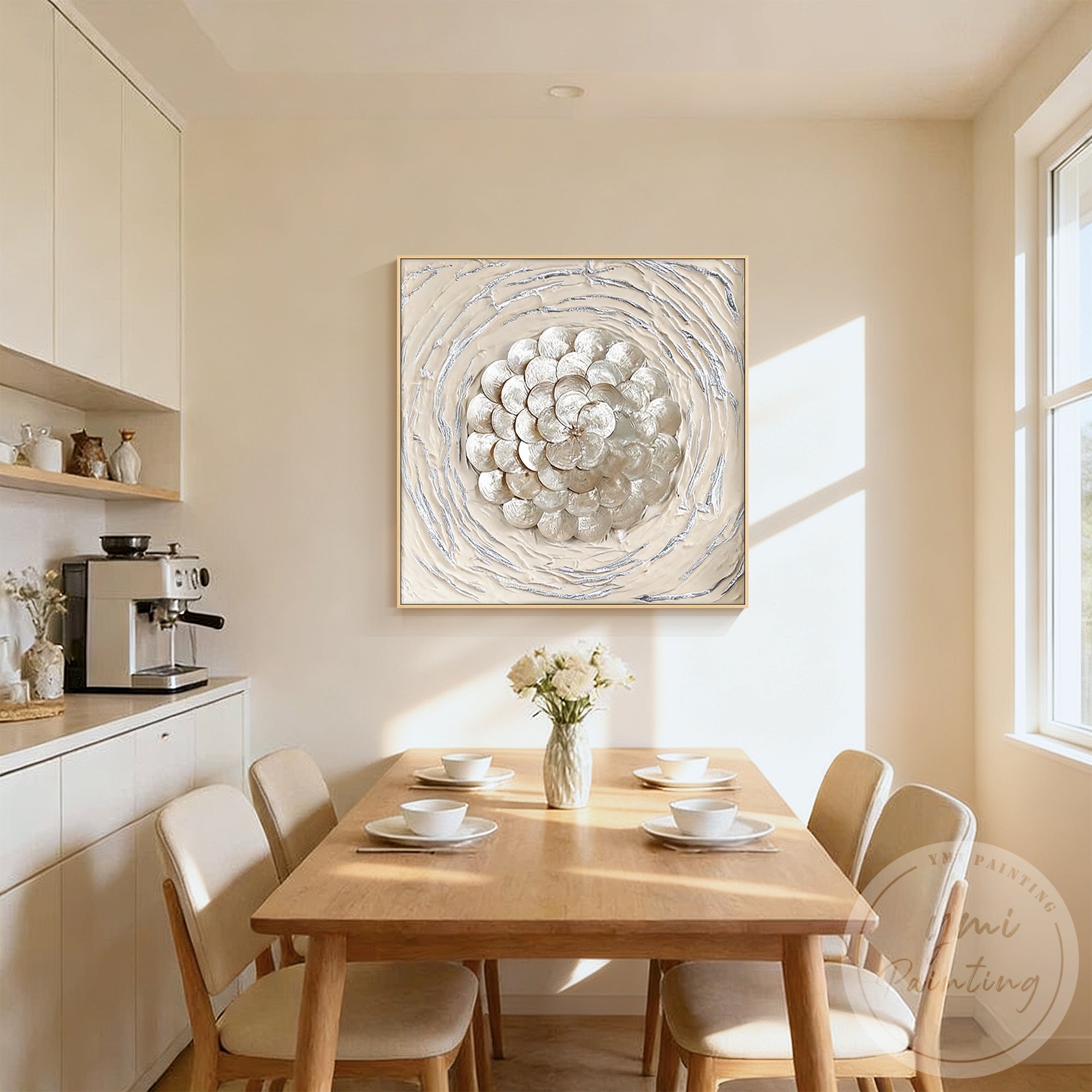 Beige and gold shell wall artwork with dimensional flower design for modern interiors