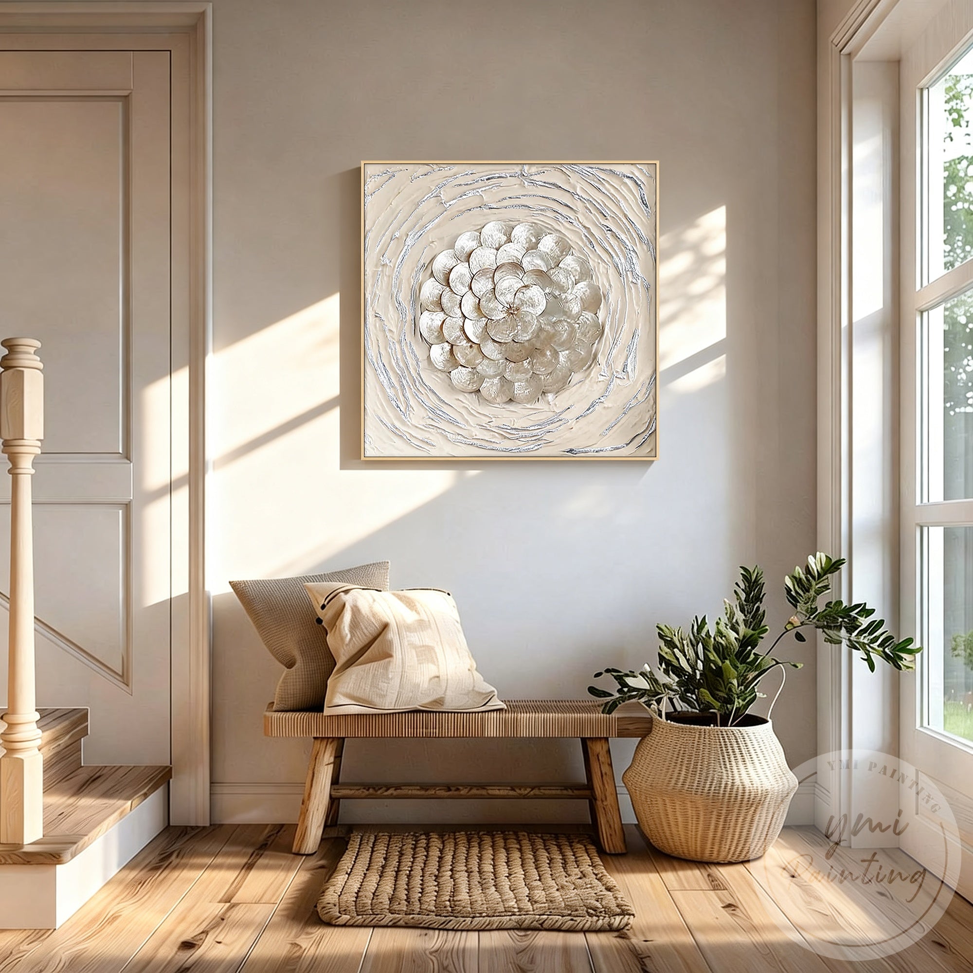 Oversized shell flower wall decor displayed in a contemporary living room