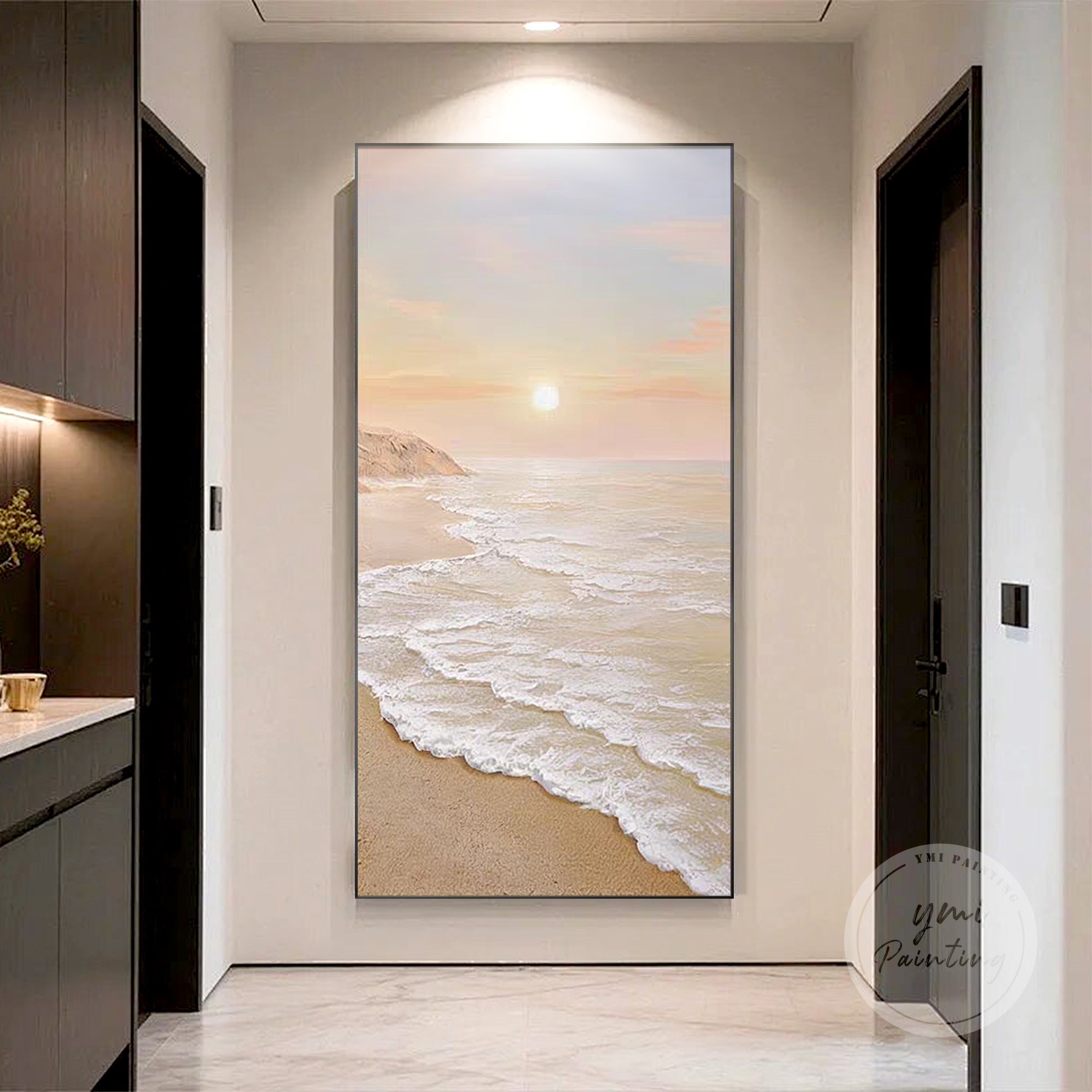 Large 3D ocean waves sunset painting with vibrant peach and pink hues, ideal for creating a tranquil coastal atmosphere in your living room.