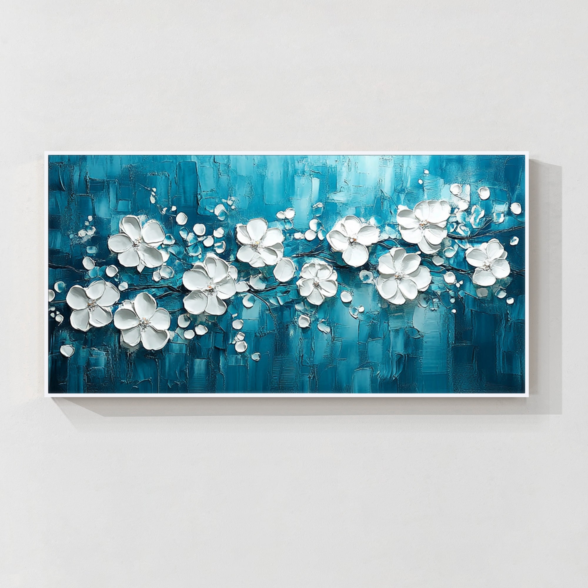 3D textured white flower wall art on blue canvas