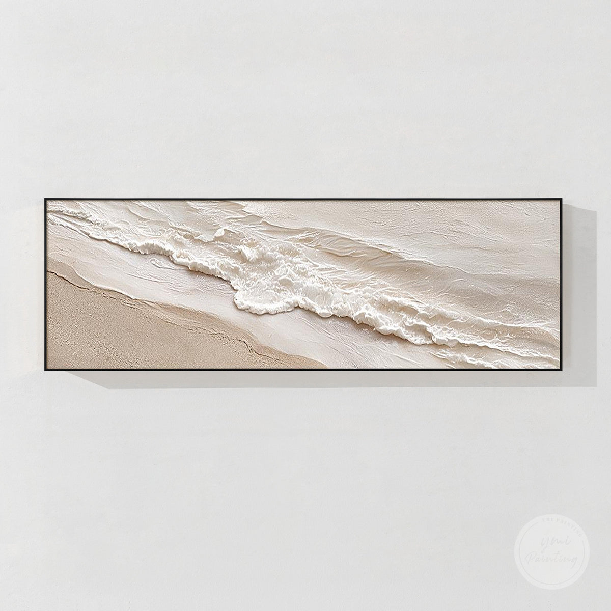 Neutral ocean painting with sculptural wave patterns and soft colors