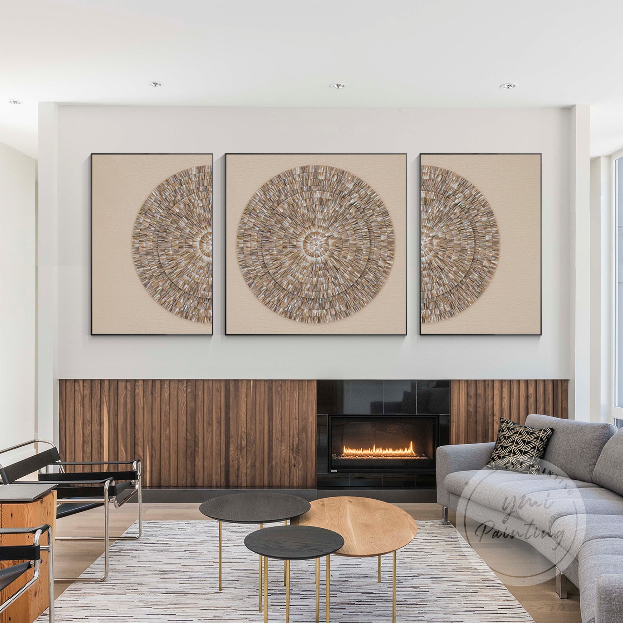 Double-layered circular oyster shell art with natural textures.