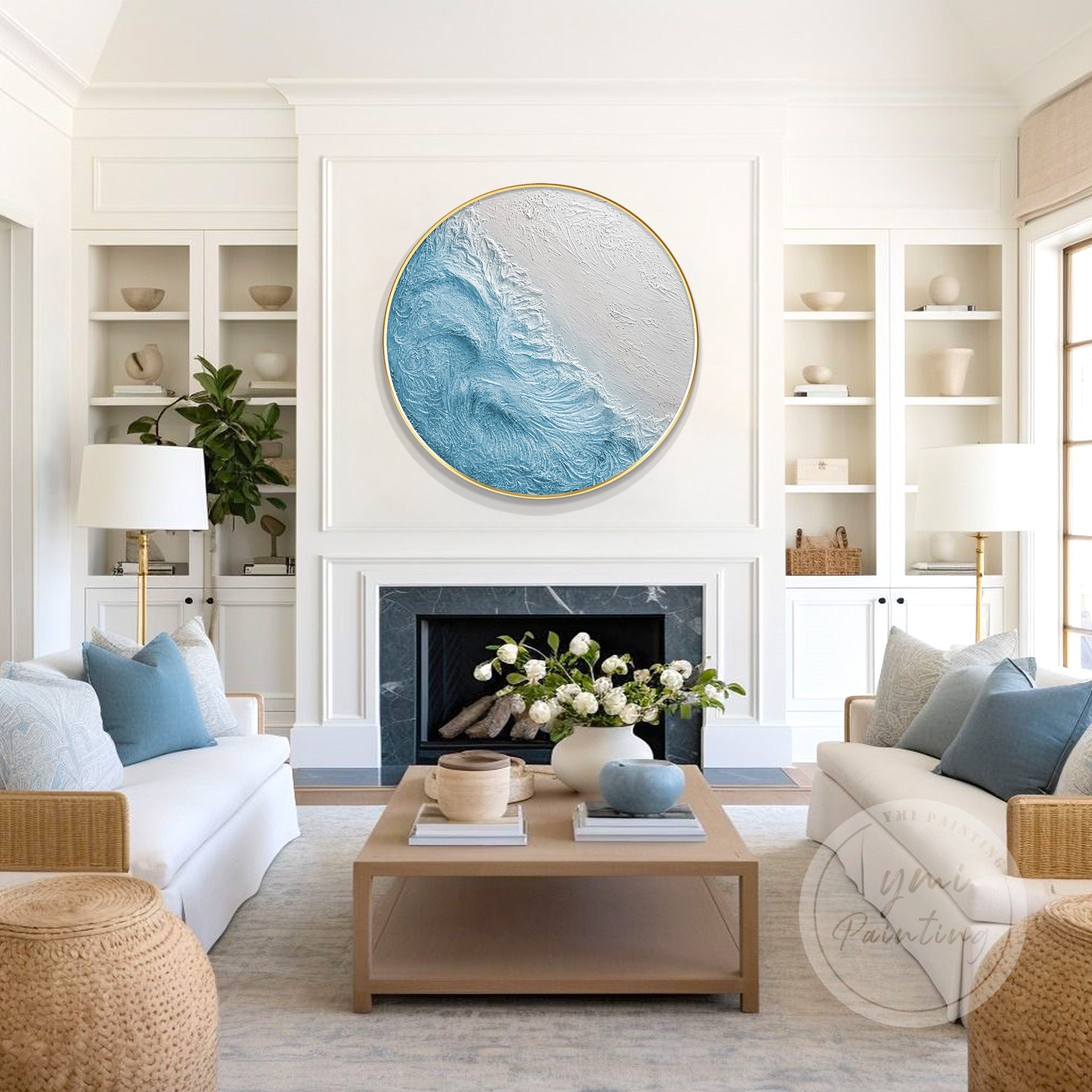 Round painting with light blue tones and soft gray background