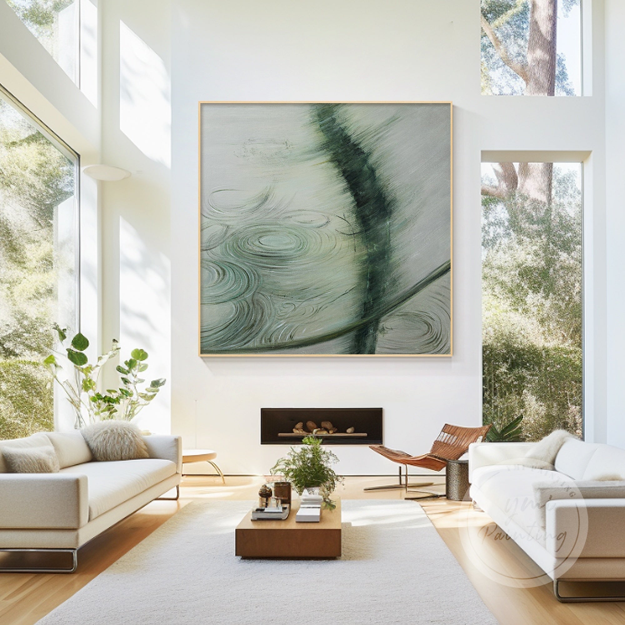 Abstract wall decor featuring water ripples and bamboo-like forms in soothing green tones