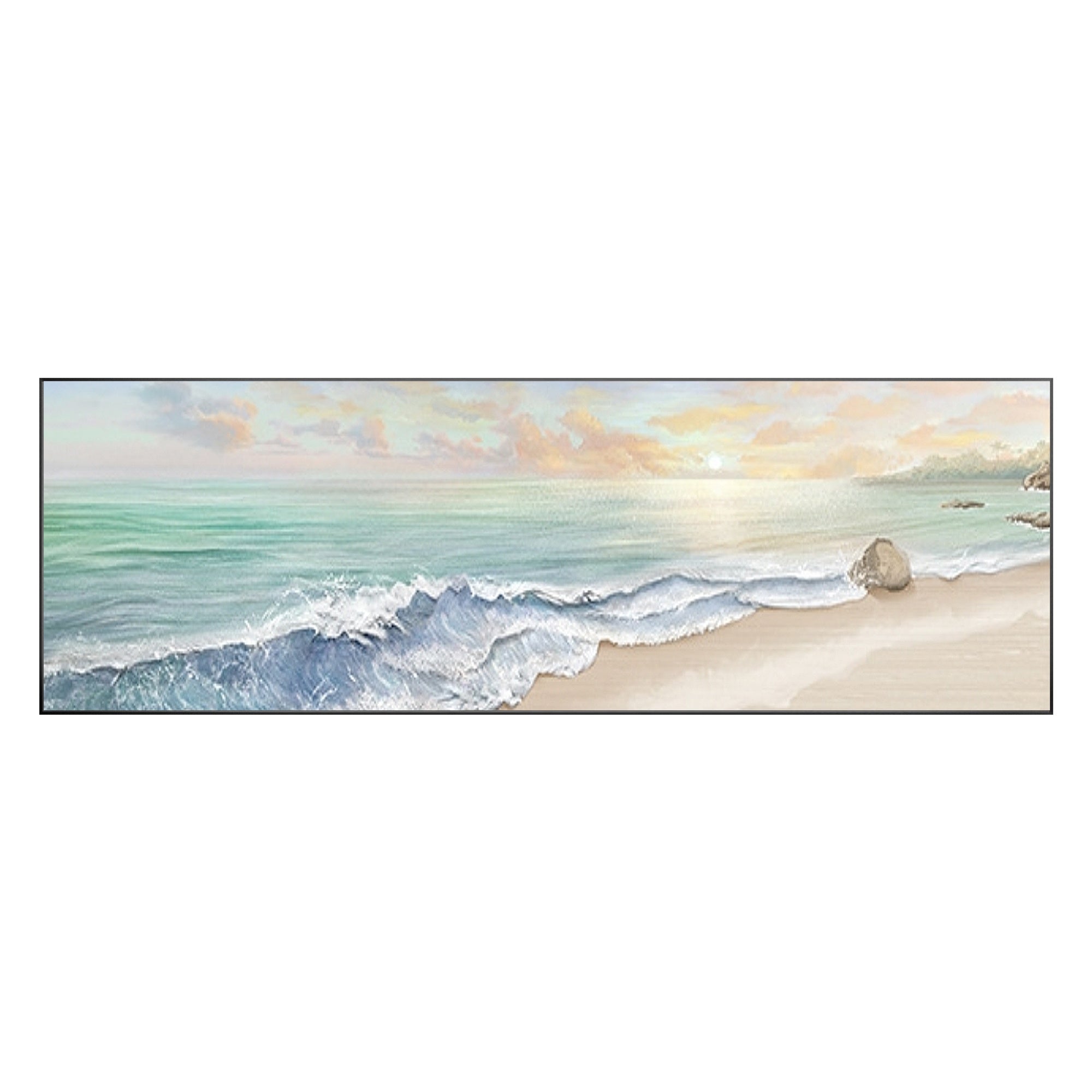 Ocean-themed bedroom decor featuring soft teal waves and abstract sea forms.