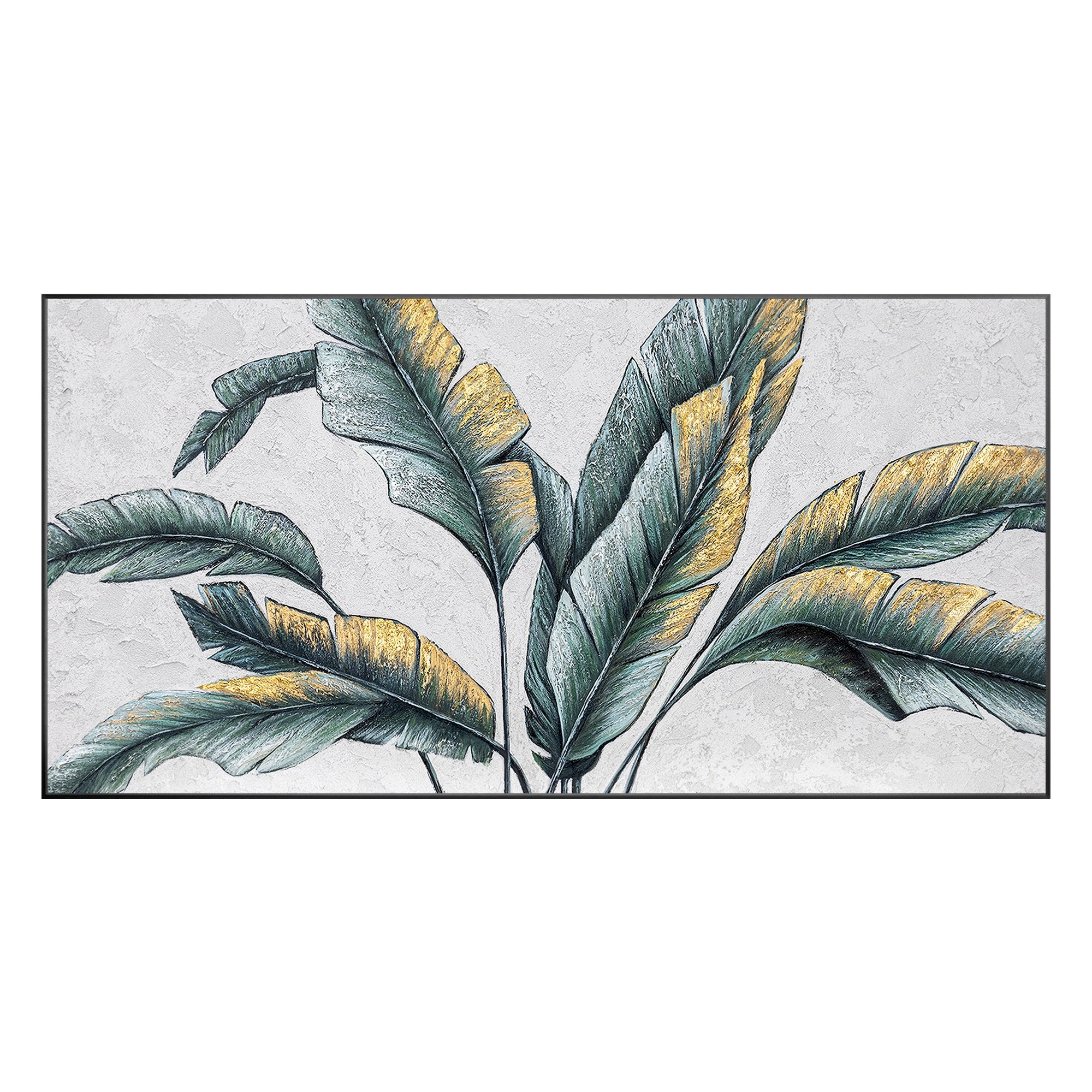 Framed original palm tree leaf artwork with botanical textured layers and gold leaf, ideal for modern or coastal-style rooms.