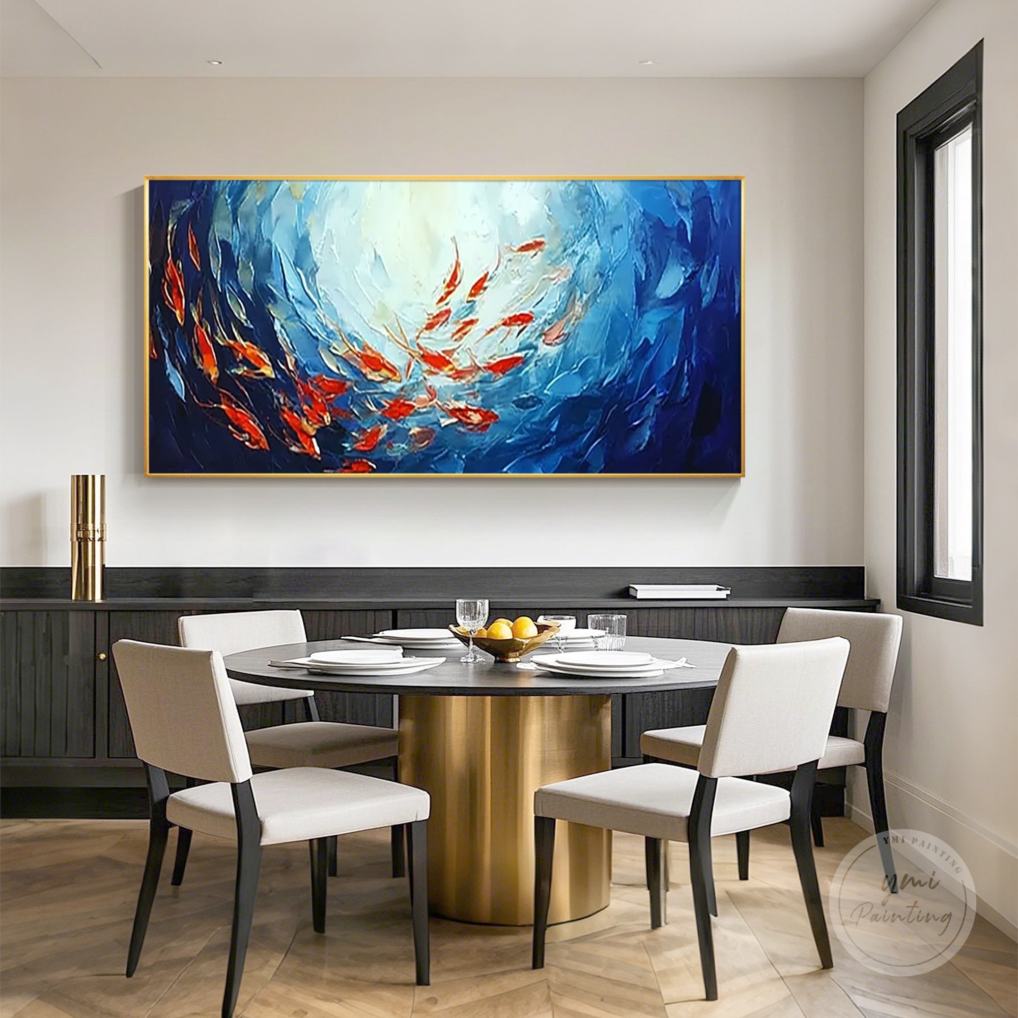 Contemporary fish art with bold red fish contrasted against a navy ocean background.