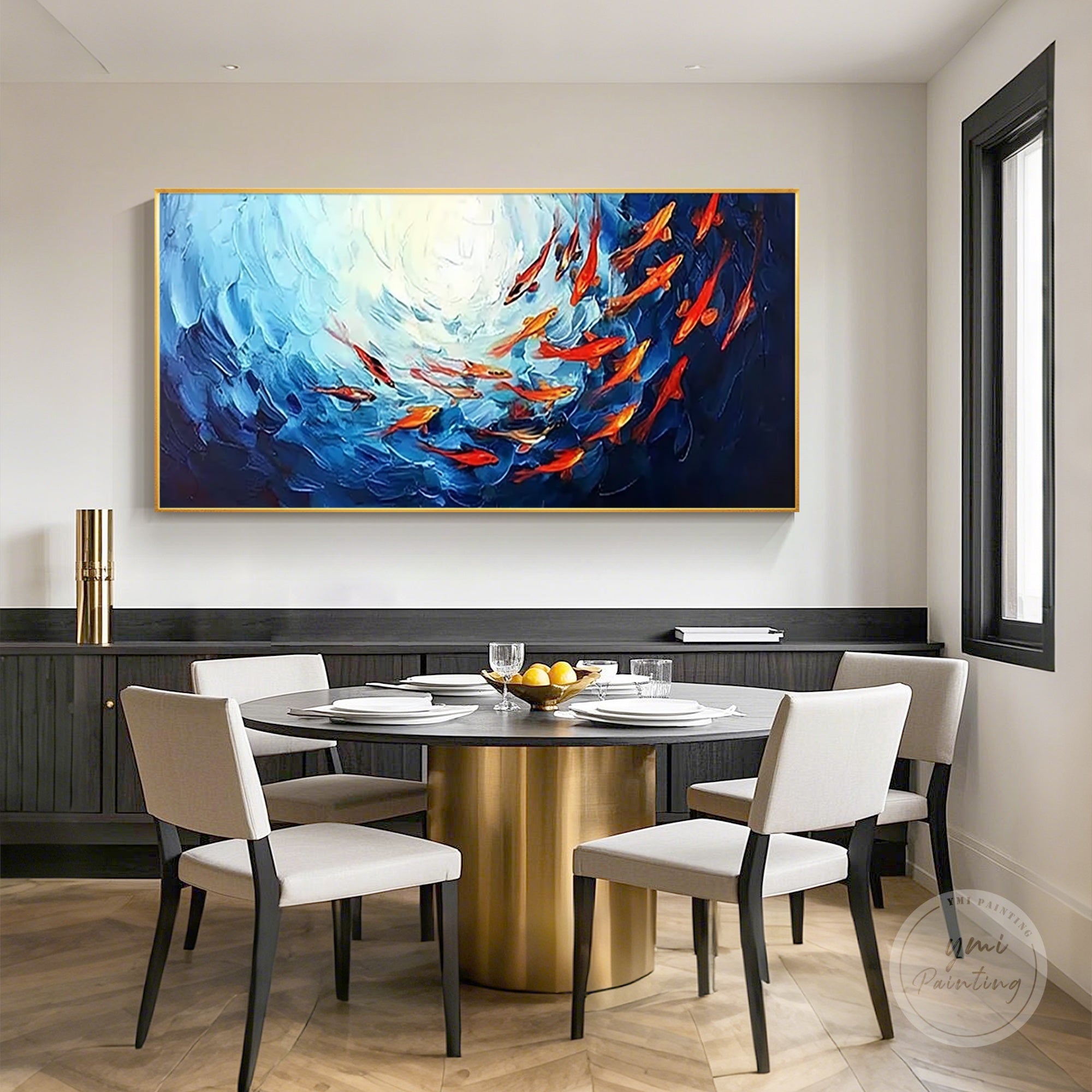 Large-scale ocean painting with a bold red school of fish swimming in the navy sea.